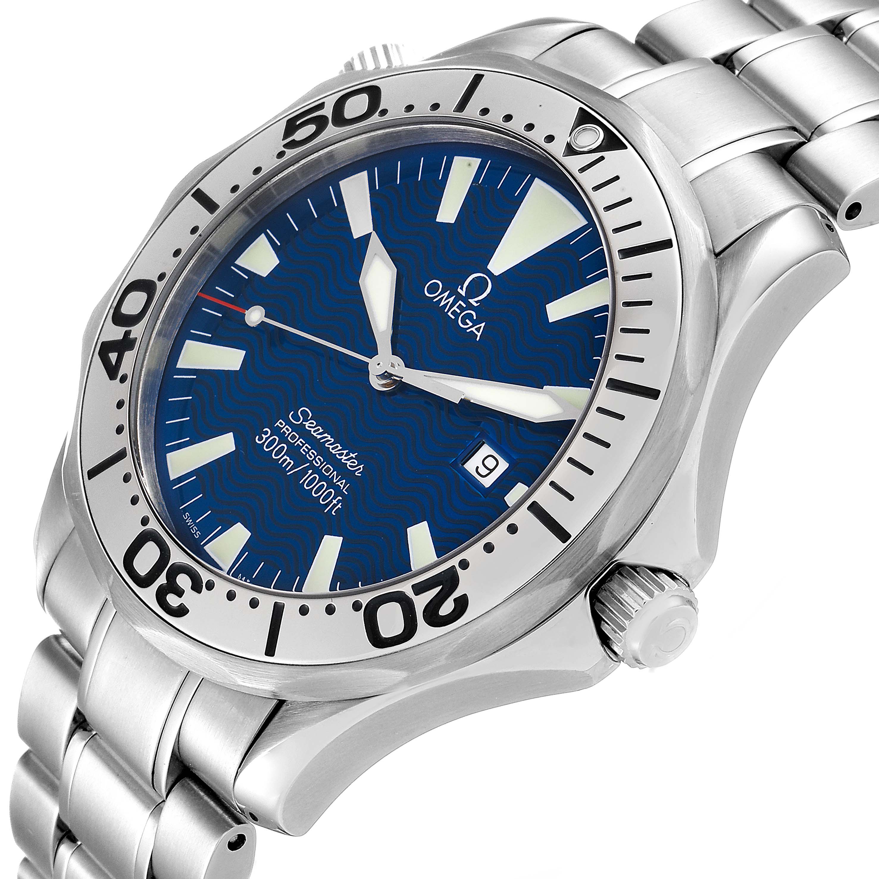 The Omega Seamaster 2265.80.00 Men's Stainless Steel Blue Dial 2265.80.00 Men's Stainless Steel Blue Dial watch is angled showing the face, bezel, crown, bracelet, and part of the case.