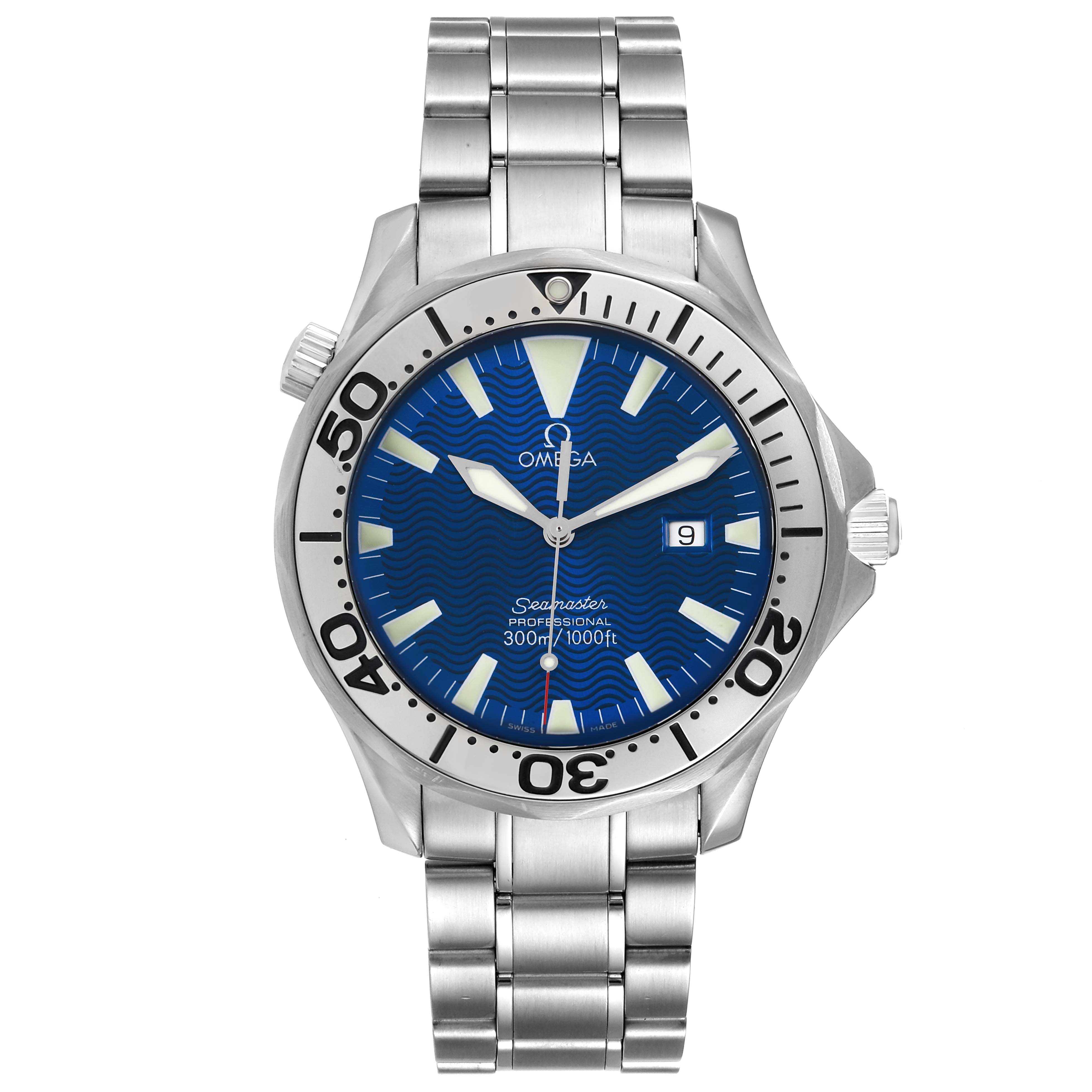 This image shows a front view of an Omega Seamaster 2265.80.00 Men's Stainless Steel Blue Dial 2265.80.00 Men's Stainless Steel Blue Dial watch, displaying the dial, bezel, crown, and metal bracelet.