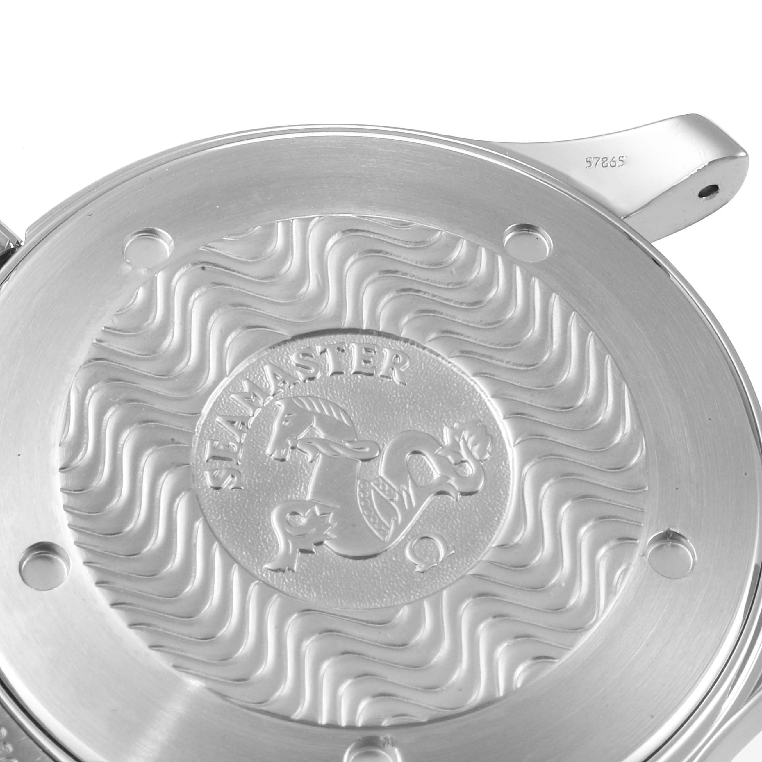 This image shows the case back of the Omega Seamaster 2265.80.00 Men's Stainless Steel Blue Dial 2265.80.00 Men's Stainless Steel Blue Dial watch, featuring an engraved seahorse and wave pattern detailing.