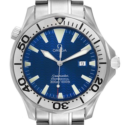 This image shows a front view of the Omega Seamaster watch, highlighting the dial, bezel, and part of the bracelet.