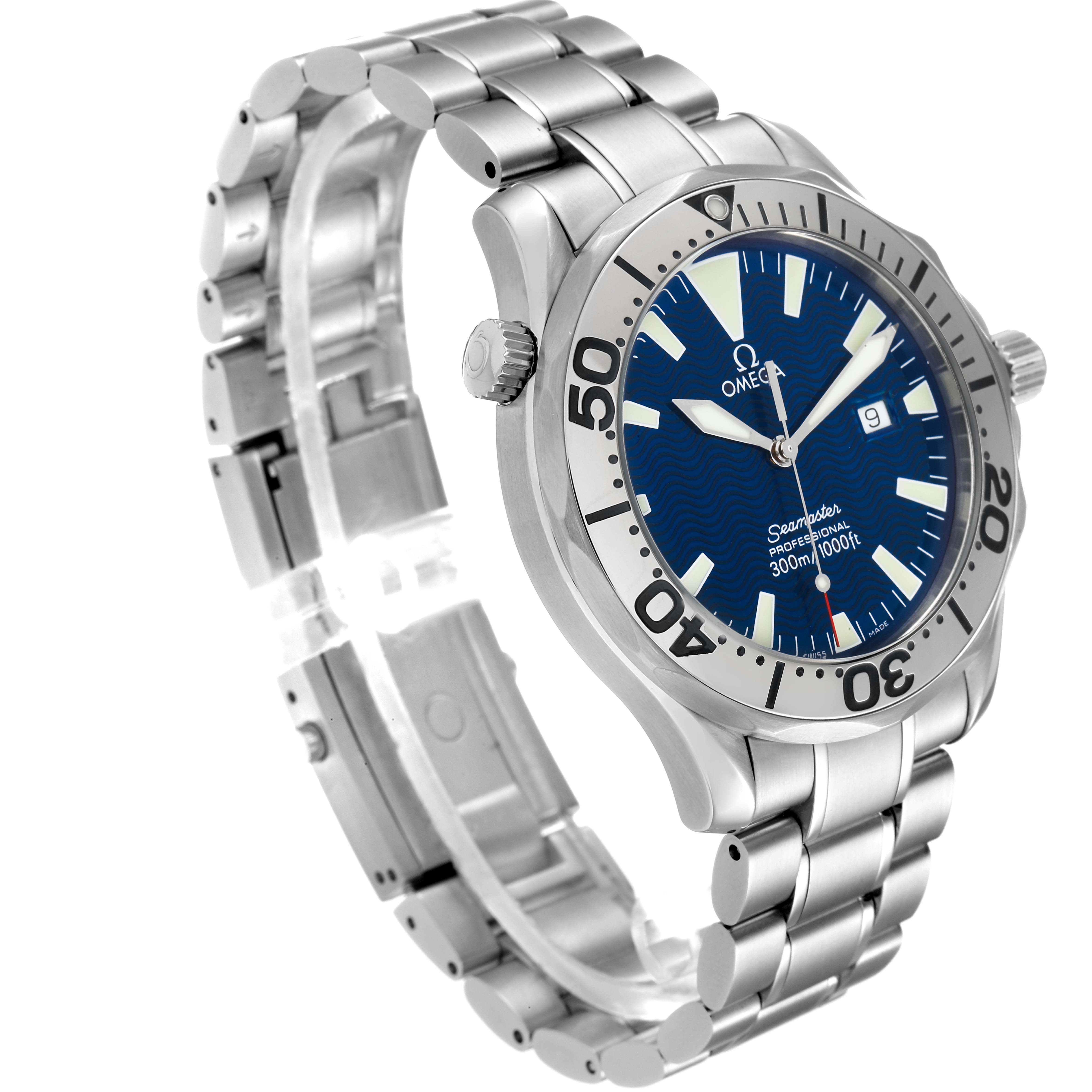 The image shows an Omega Seamaster 2265.80.00 Men's Stainless Steel Blue Dial 2265.80.00 Men's Stainless Steel Blue Dial watch at a three-quarter angle, displaying the face, bezel, crown, and part of the bracelet.