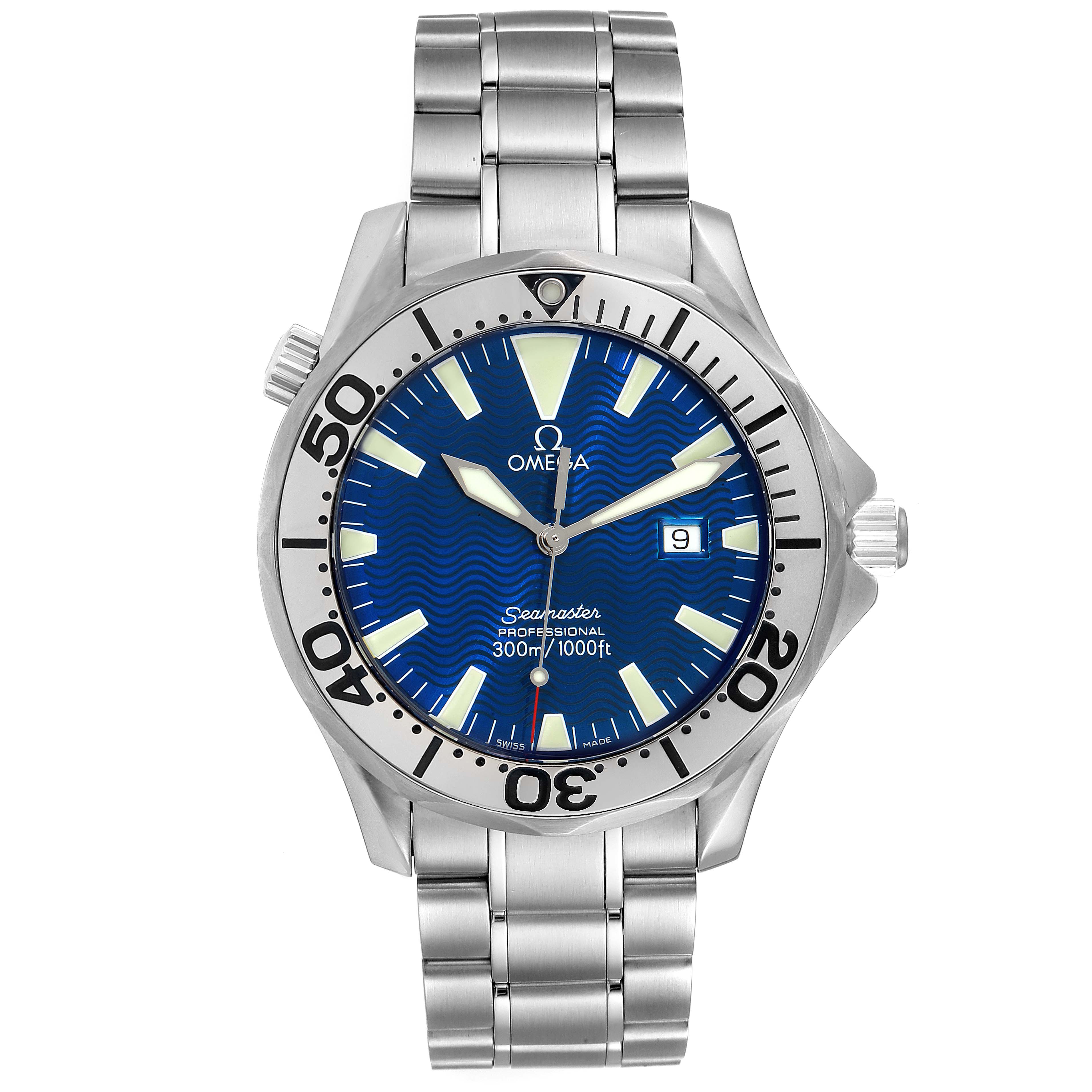 The image shows a frontal view of an Omega Seamaster 2265.80.00 Men's Stainless Steel Blue Dial 2265.80.00 Men's Stainless Steel Blue Dial watch, featuring its dial, bezel, crown, and bracelet.