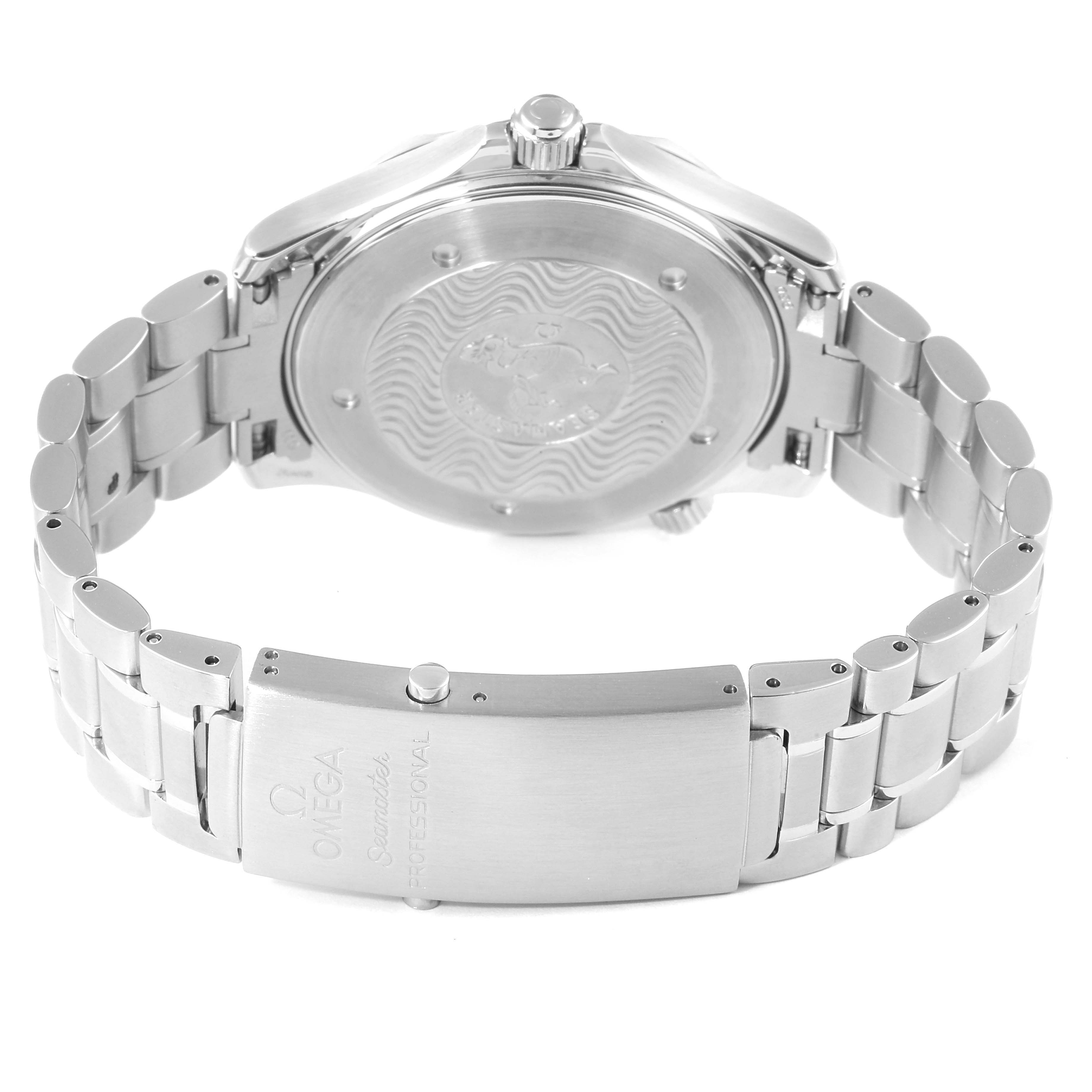 The image shows the back view of an Omega Seamaster 2265.80.00 Men's Stainless Steel Blue Dial 2265.80.00 Men's Stainless Steel Blue Dial watch, focusing on the case back and metal bracelet clasp.