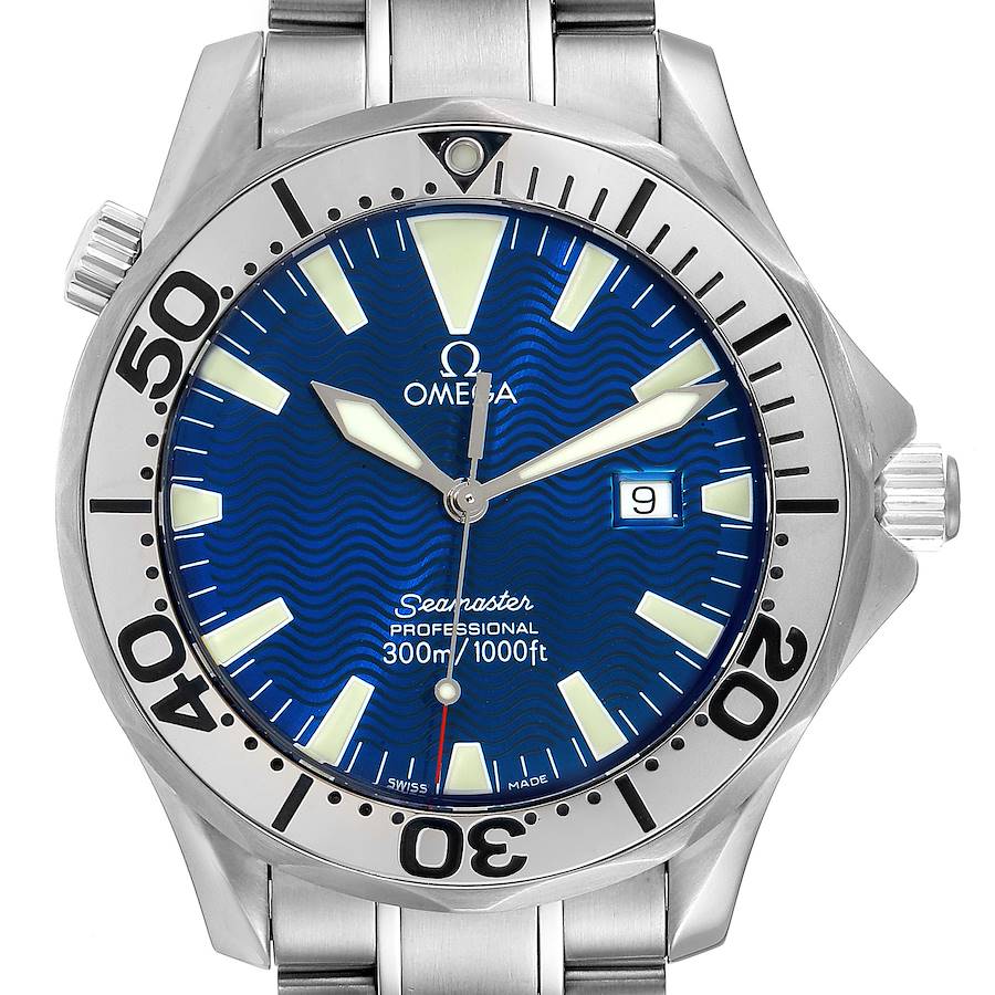 Omega Seamaster Electric Blue Wave Dial Mens Watch 2265.80.00 Box Card SwissWatchExpo
