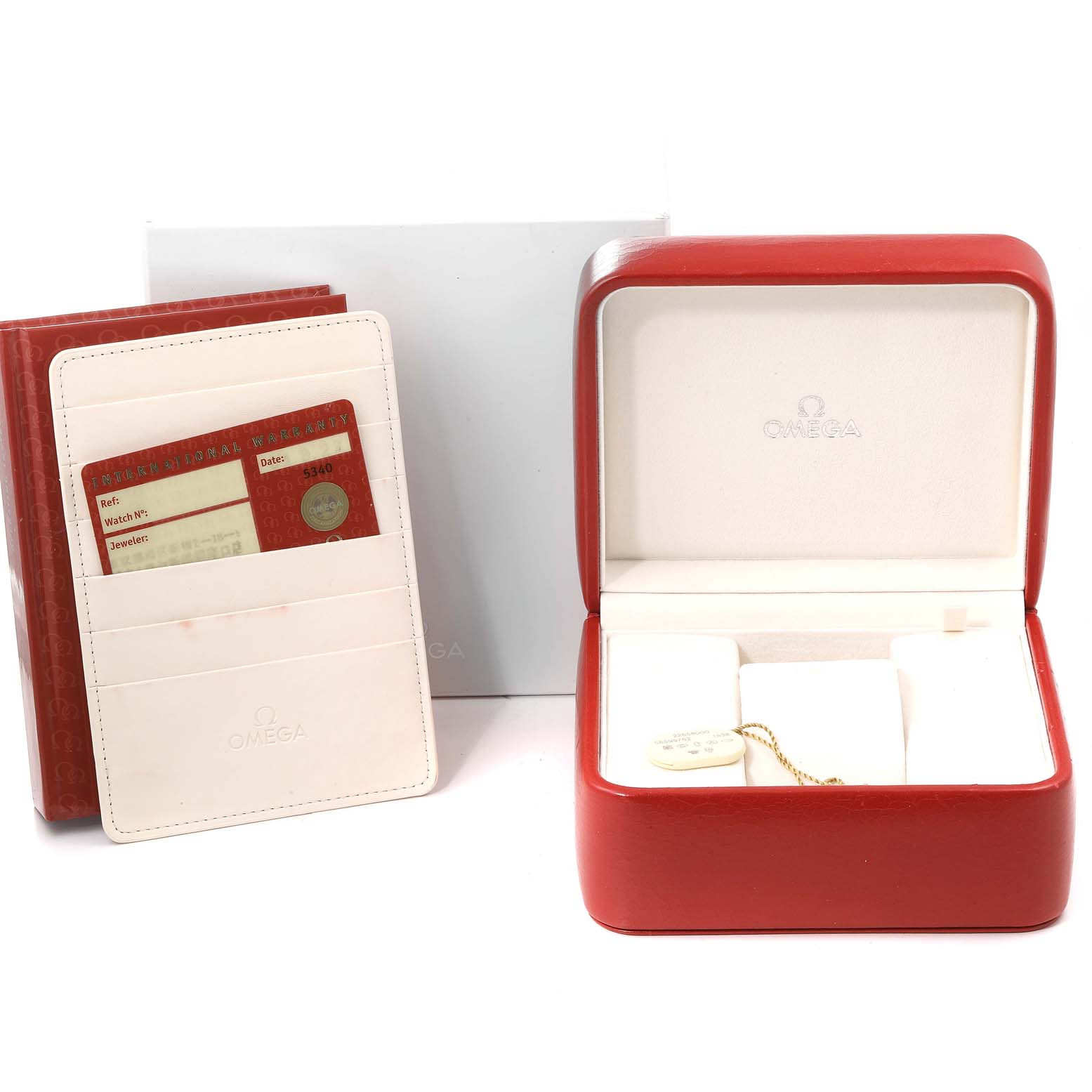 The image shows an Omega Seamaster 2265.80.00 Men's Stainless Steel Blue Dial 2265.80.00 Men's Stainless Steel Blue Dial watch box, warranty cards, and a cardholder.