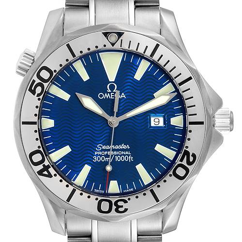 The image shows a front view of an Omega Seamaster, displaying its bezel, blue dial, hour markers, hands, date window, and part of the bracelet.