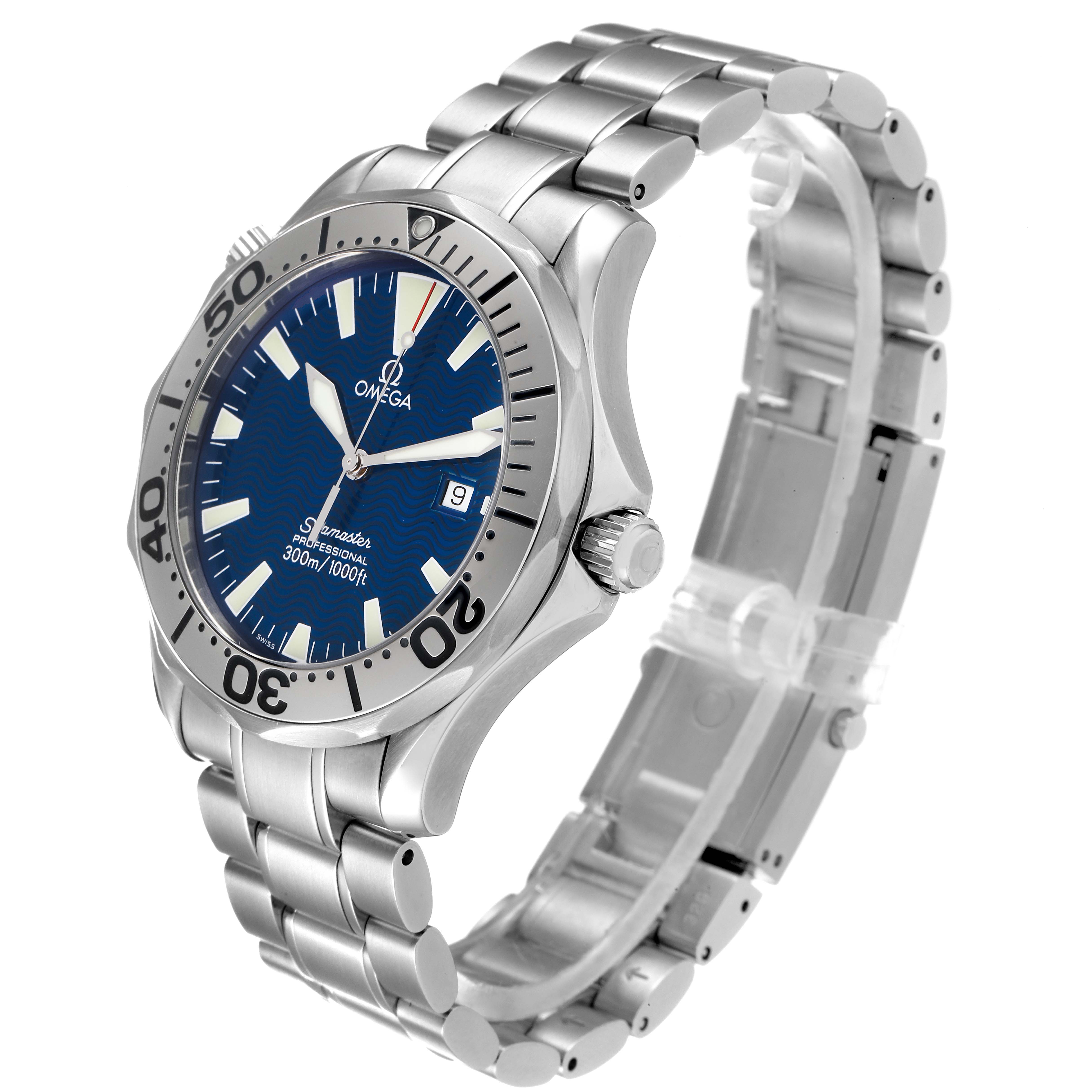 This image shows the Omega Seamaster 2265.80.00 Men's Stainless Steel Blue Dial 2265.80.00 Men's Stainless Steel Blue Dial watch from a three-quarter angle, highlighting the dial, bezel, crown, and bracelet.