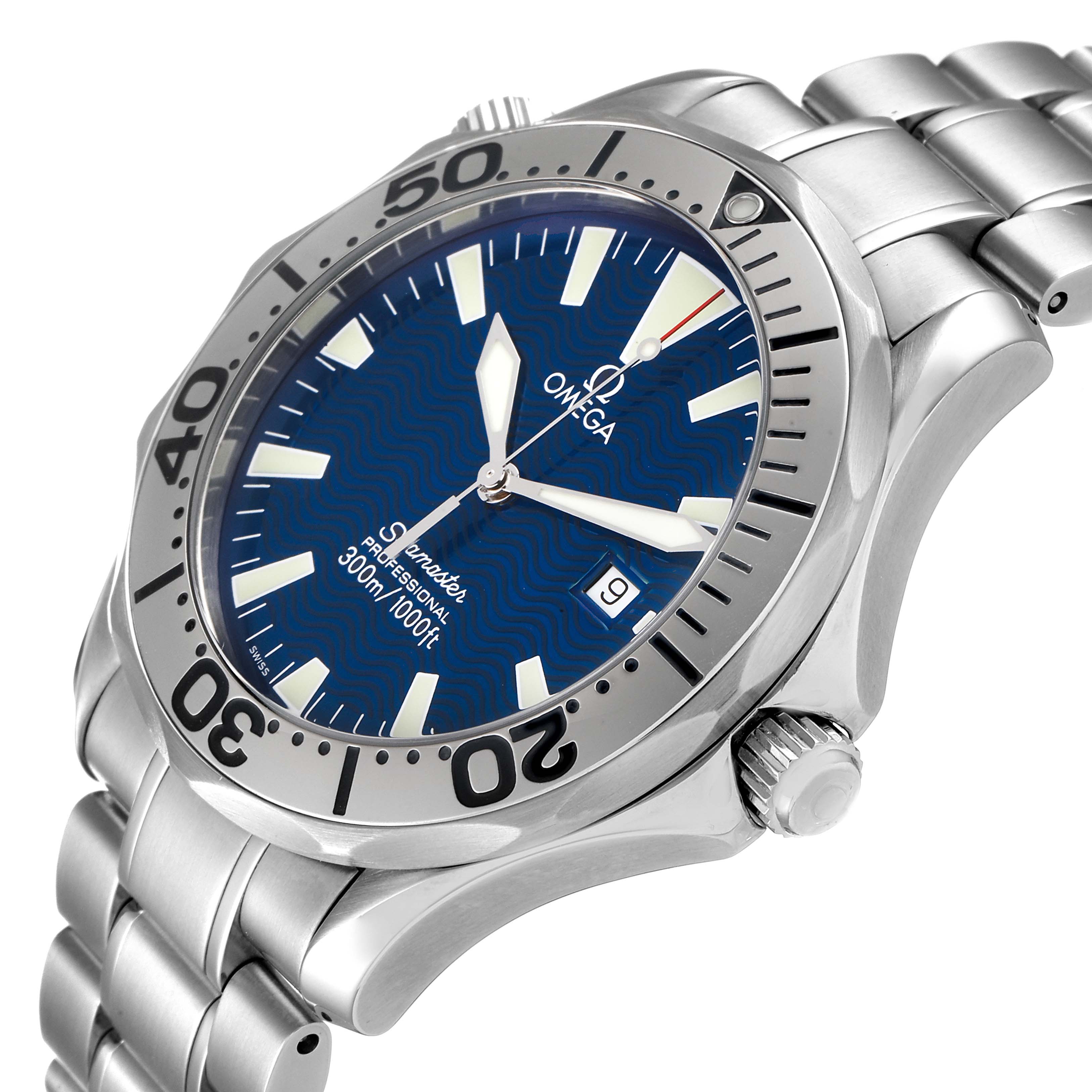 The Omega Seamaster 2265.80.00 Men's Stainless Steel Blue Dial 2265.80.00 Men's Stainless Steel Blue Dial watch is shown at a slight angle, displaying the dial, bezel, crown, and metal bracelet.