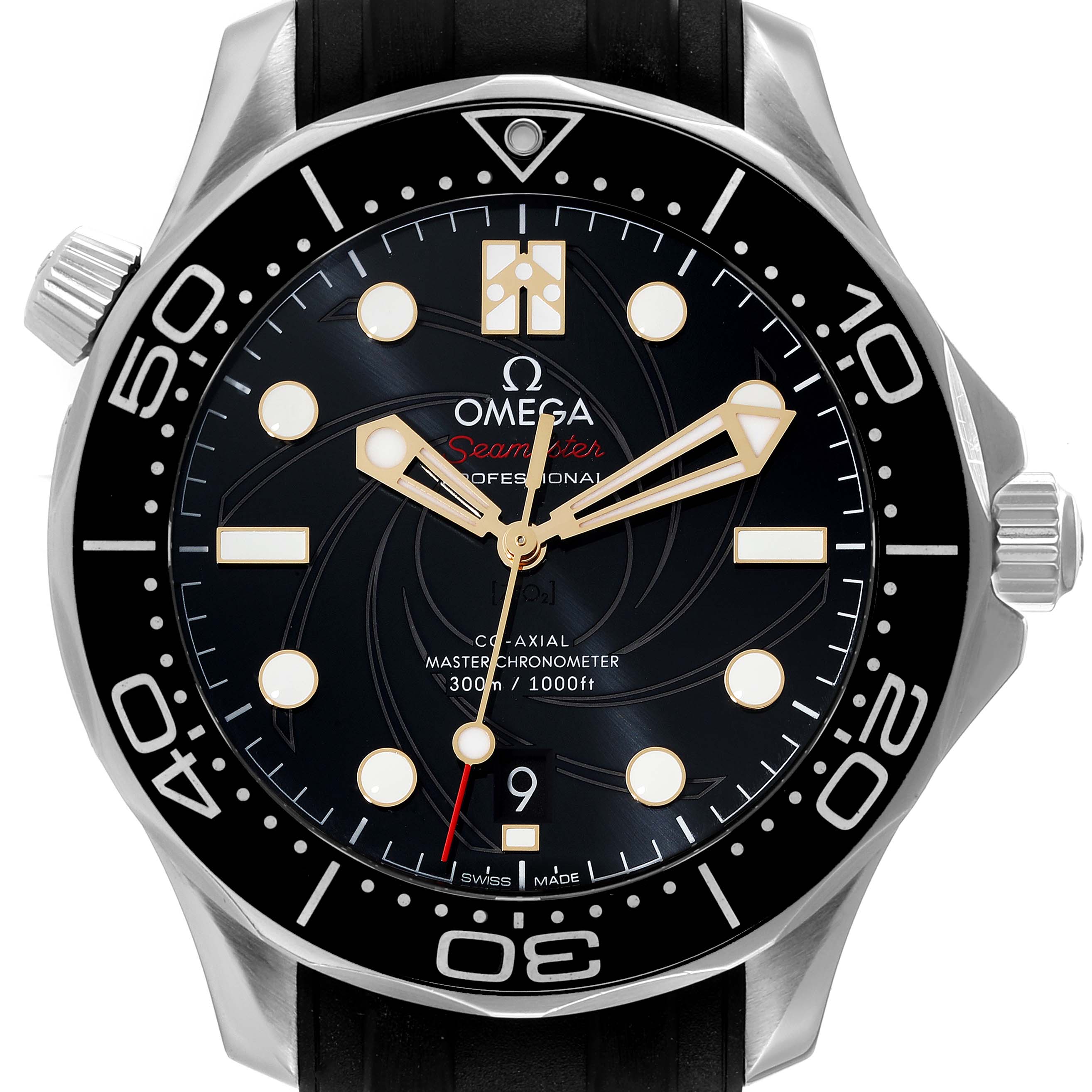 The image shows a front view of the Omega Seamaster 210.22.42.20.01.004 Men's Stainless Steel Black Dial 210.22.42.20.01.004 Men's Stainless Steel Black Dial watch, highlighting the dial, bezel, and crown.