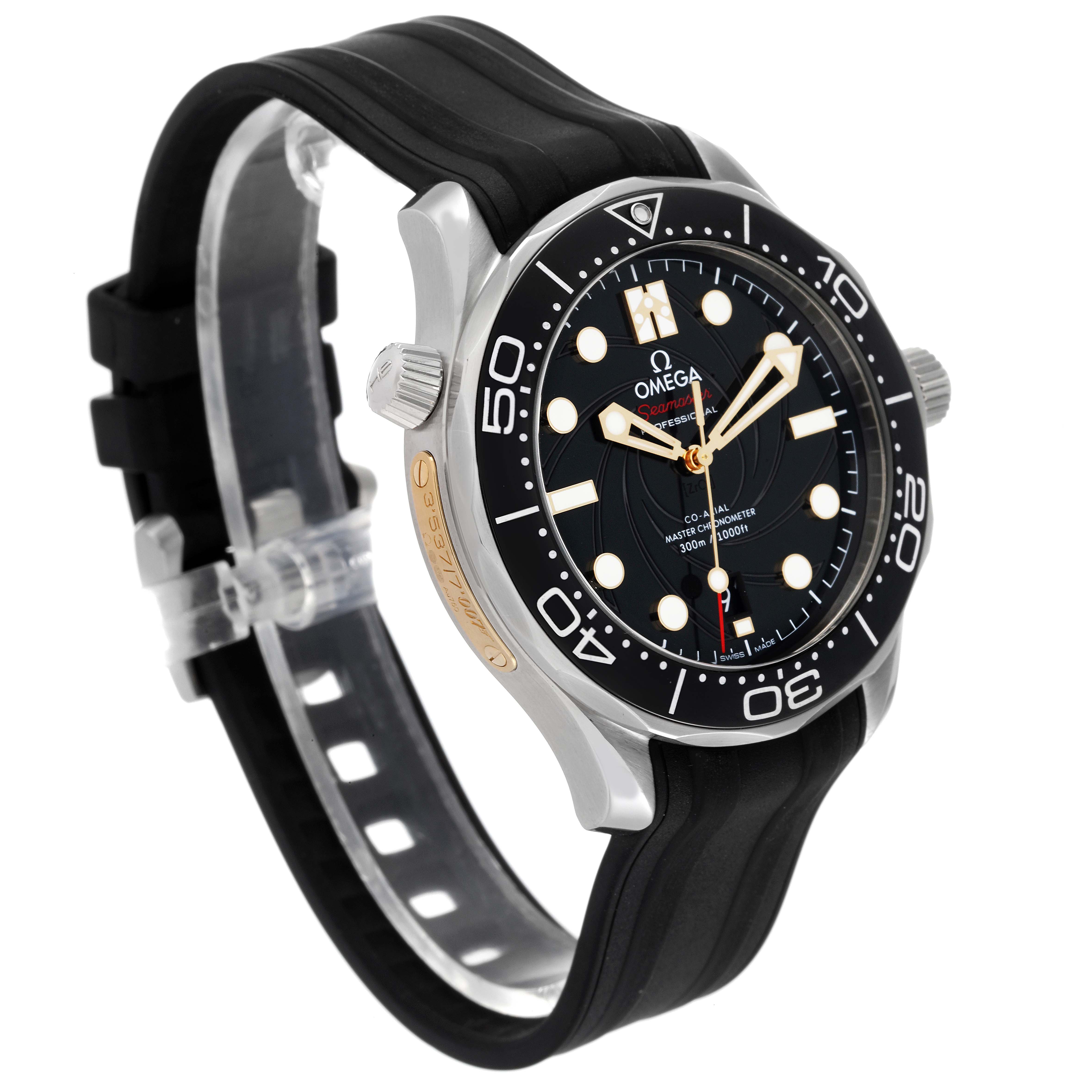 The Omega Seamaster 210.22.42.20.01.004 Men's Stainless Steel Black Dial 210.22.42.20.01.004 Men's Stainless Steel Black Dial watch is shown at a three-quarter angle featuring a black dial and black rubber strap.