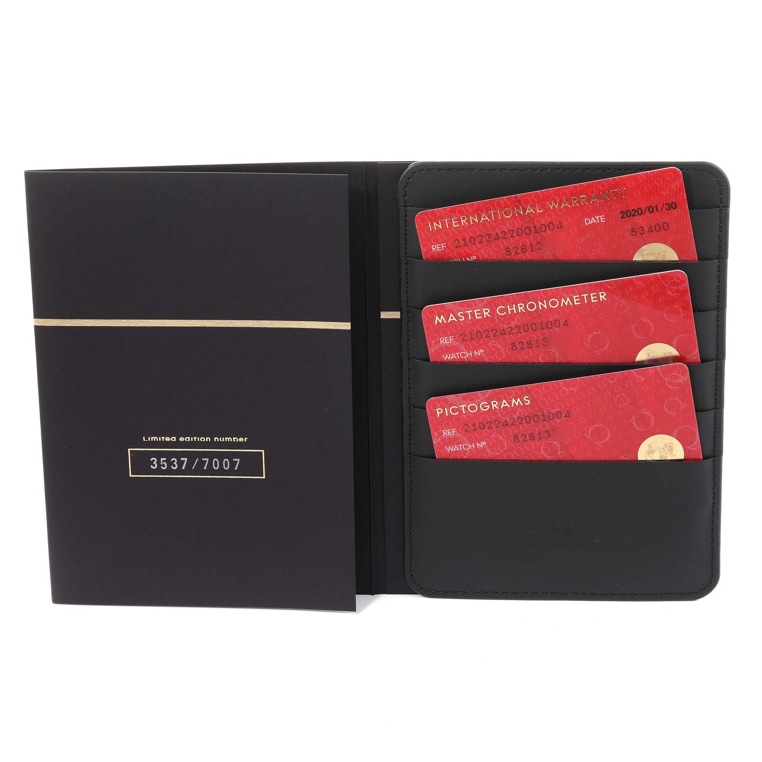 This image shows warranty cards and certification documents for the Omega Seamaster 210.22.42.20.01.004 Men's Stainless Steel Black Dial 210.22.42.20.01.004 Men's Stainless Steel Black Dial model, enclosed in a black cardholder.