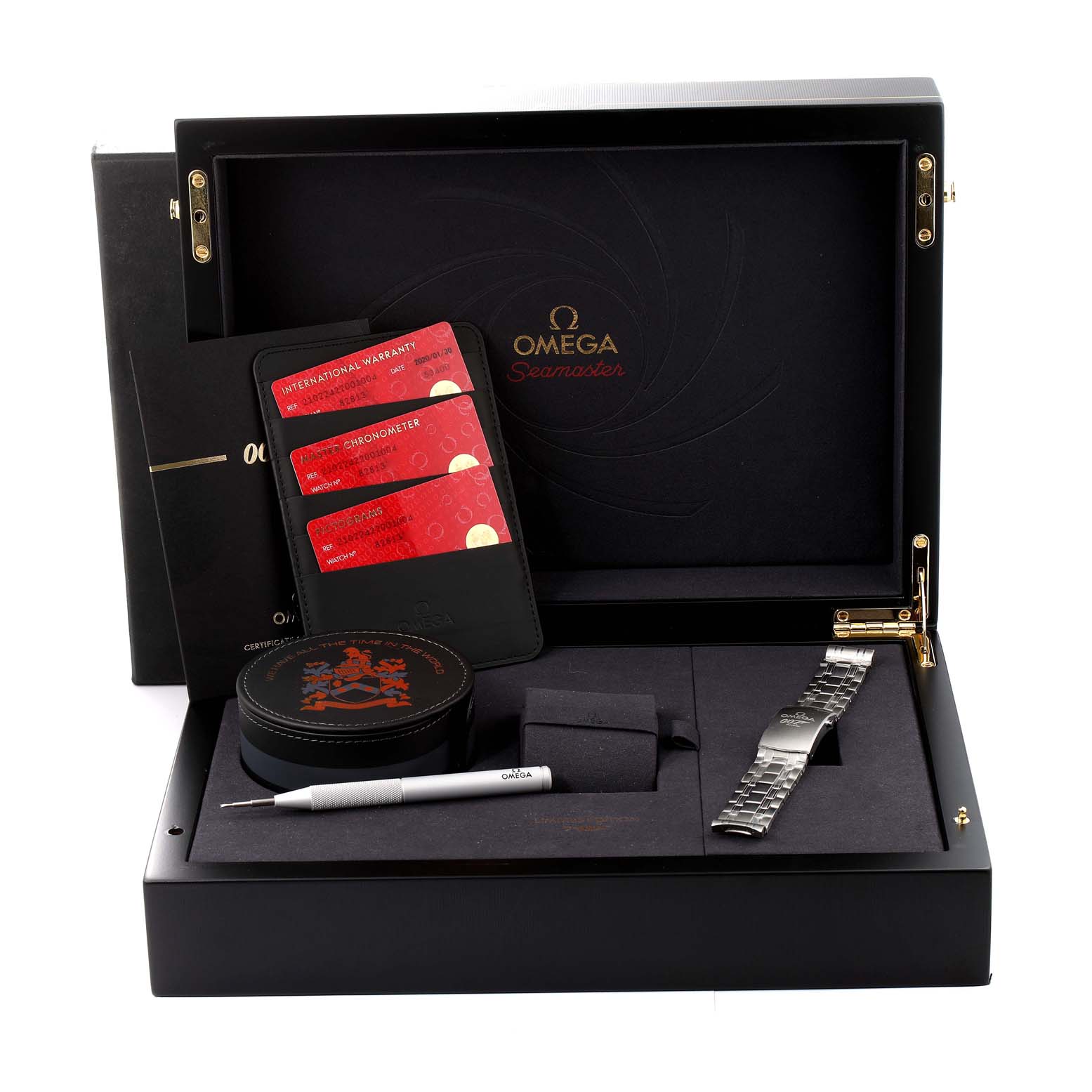 The image shows an Omega Seamaster 210.22.42.20.01.004 Men's Stainless Steel Black Dial 210.22.42.20.01.004 Men's Stainless Steel Black Dial watch set including a bracelet, tool, cards, and storage case, viewed from above.