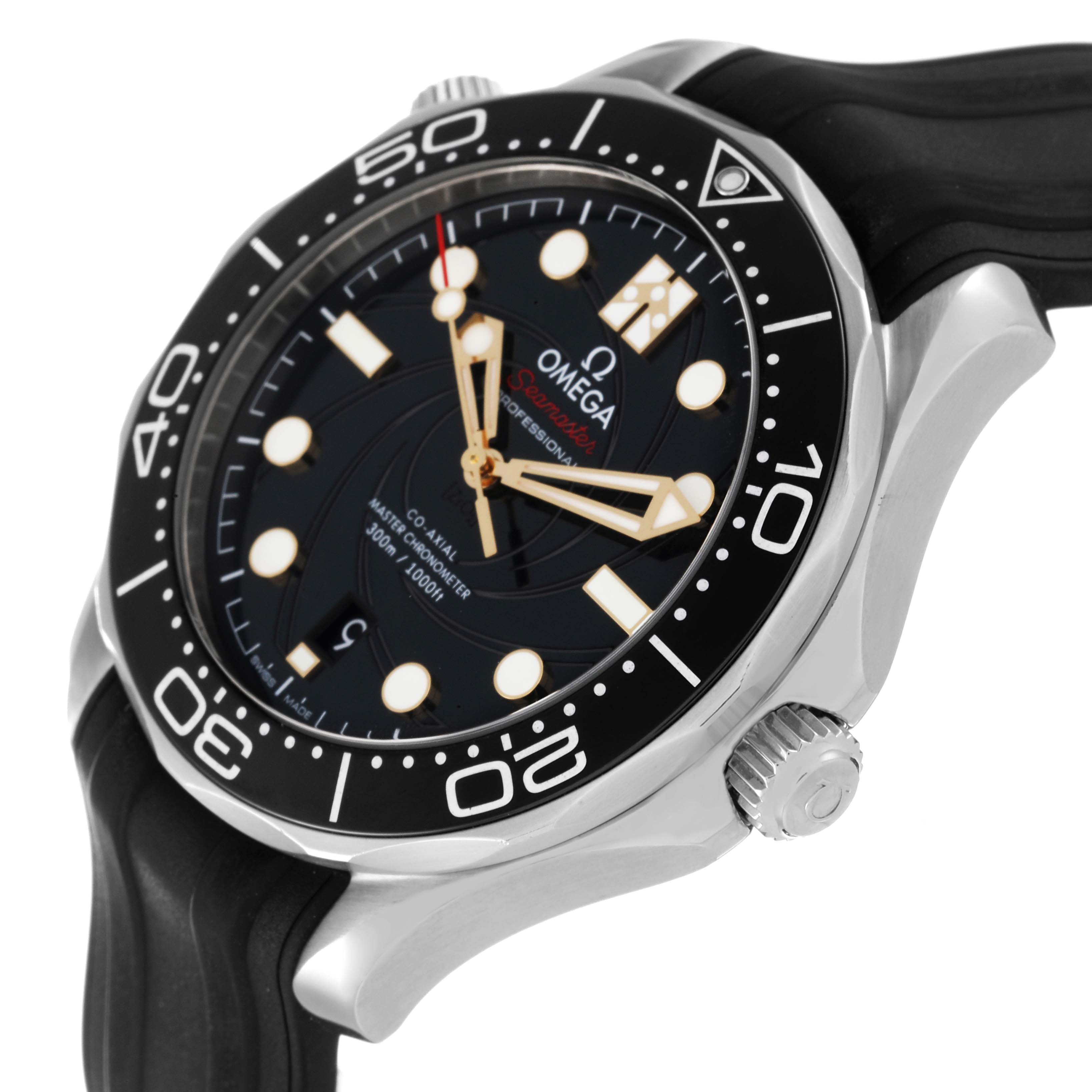 The image shows a side view of the Omega Seamaster 210.22.42.20.01.004 Men's Stainless Steel Black Dial 210.22.42.20.01.004 Men's Stainless Steel Black Dial watch, highlighting the dial, bezel, crown, and part of the rubber strap.