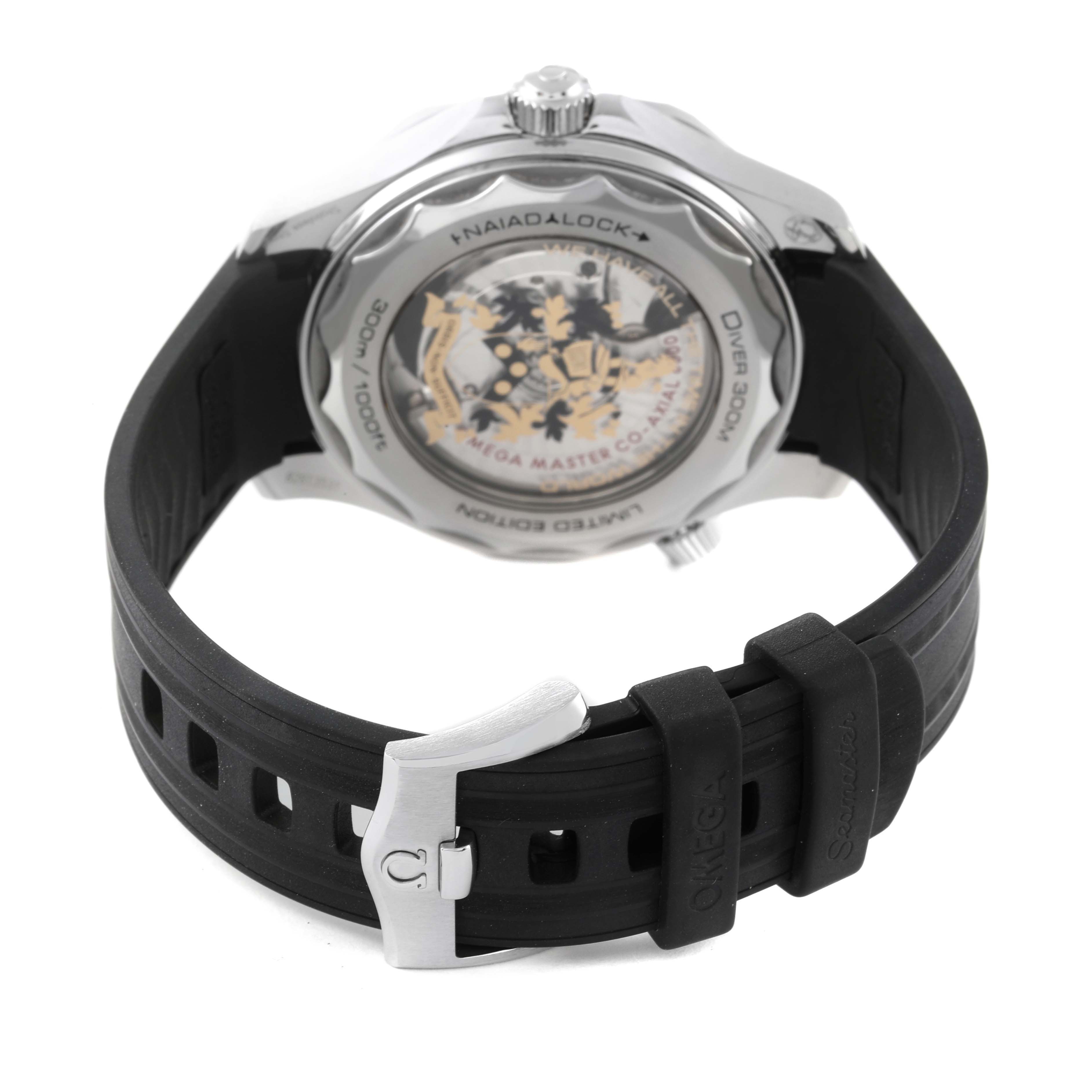 The image shows the back view of an Omega Seamaster 210.22.42.20.01.004 Men's Stainless Steel Black Dial 210.22.42.20.01.004 Men's Stainless Steel Black Dial watch with a black rubber strap and stainless steel buckle.