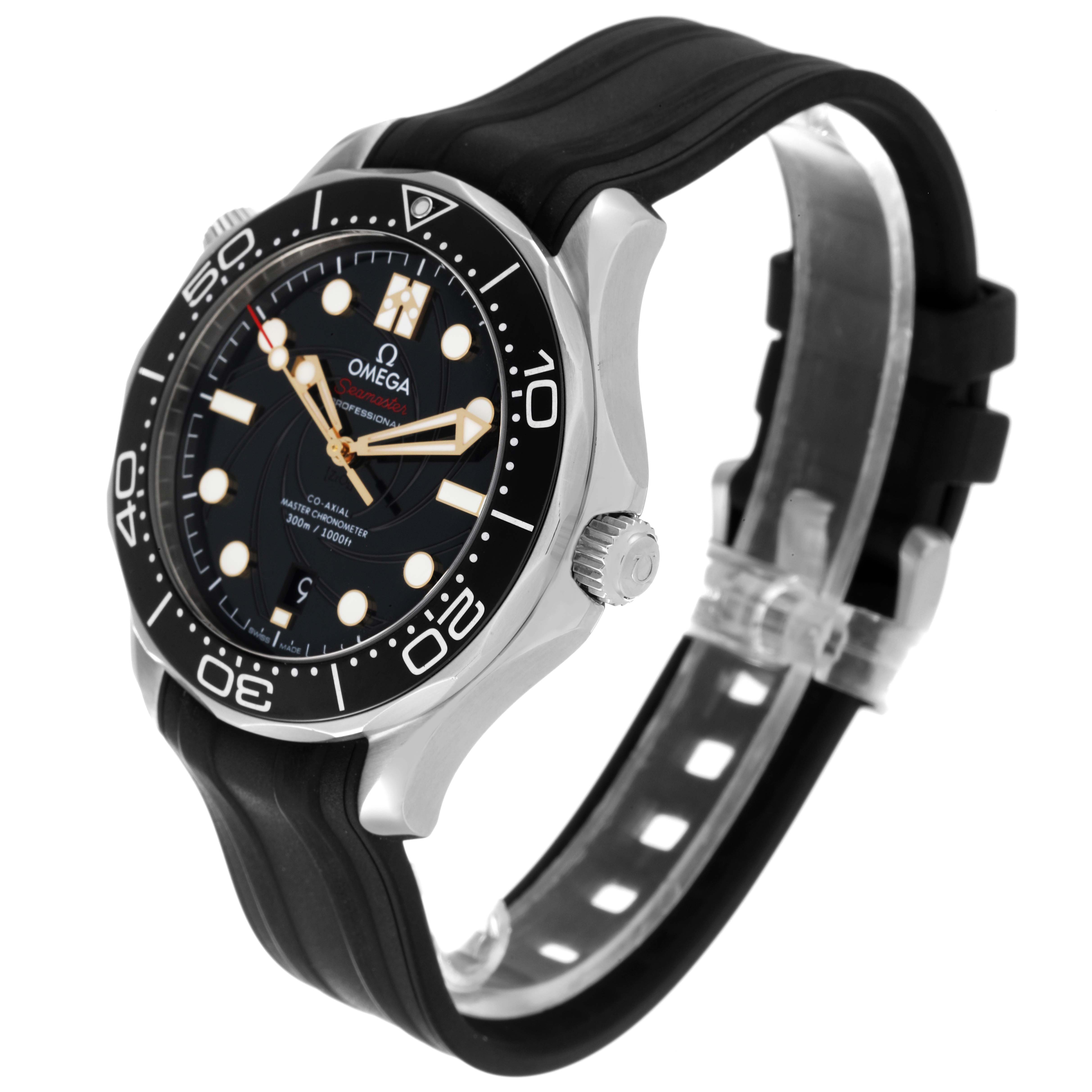 The Omega Seamaster 210.22.42.20.01.004 Men's Stainless Steel Black Dial 210.22.42.20.01.004 Men's Stainless Steel Black Dial watch is shown at a three-quarter angle, highlighting its black bezel, dial, and rubber strap.