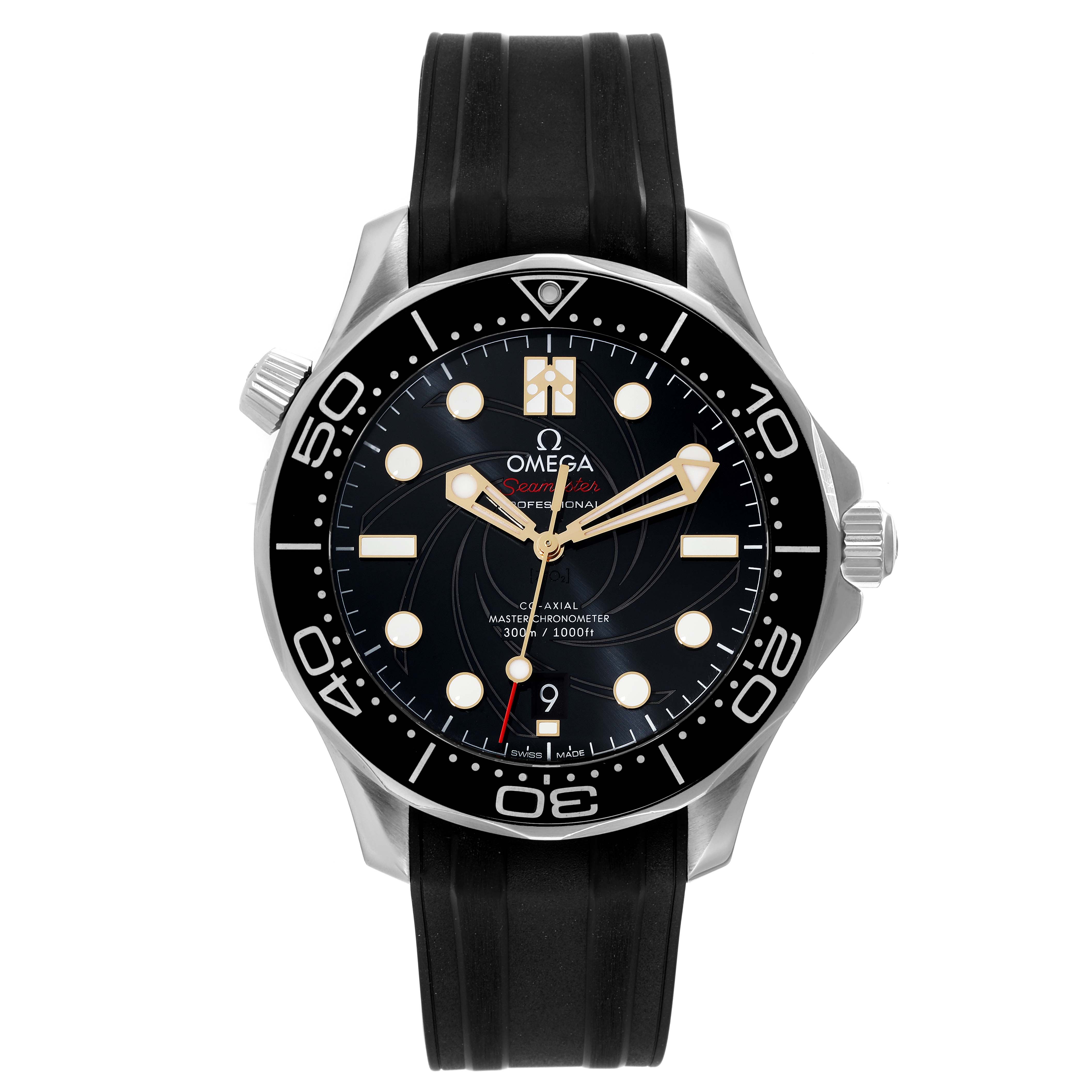 The image shows a front view of the Omega Seamaster 210.22.42.20.01.004 Men's Stainless Steel Black Dial 210.22.42.20.01.004 Men's Stainless Steel Black Dial watch, featuring the dial, bezel, and rubber strap.