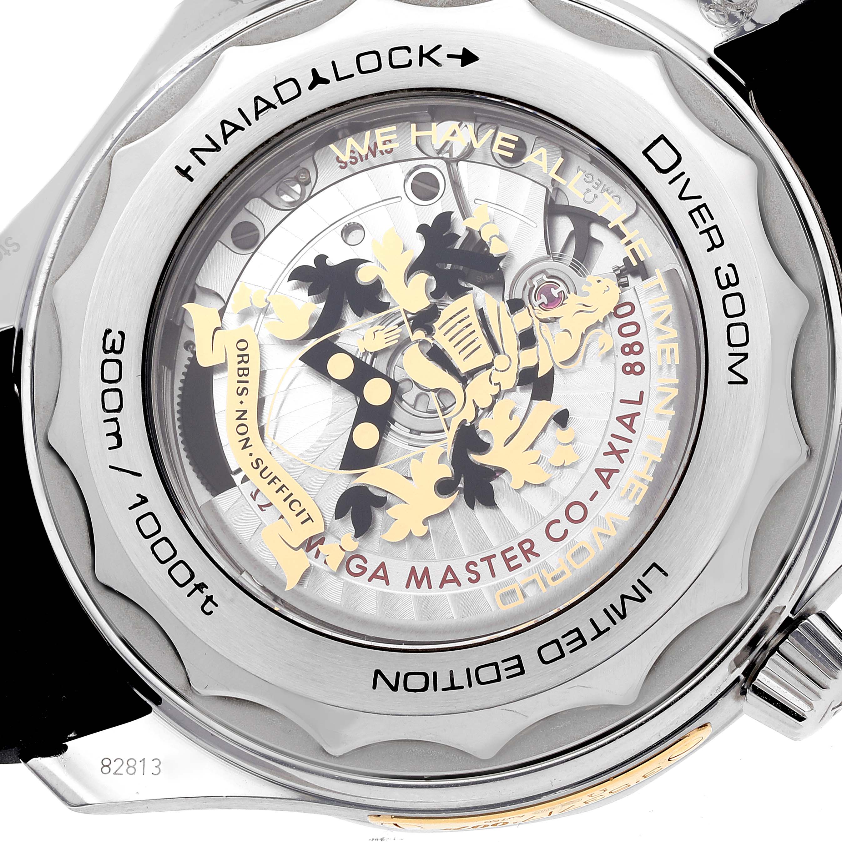 The image shows the back of the Omega Seamaster 210.22.42.20.01.004 Men's Stainless Steel Black Dial 210.22.42.20.01.004 Men's Stainless Steel Black Dial Diver 300M, highlighting the movement and intricate design through a transparent case.