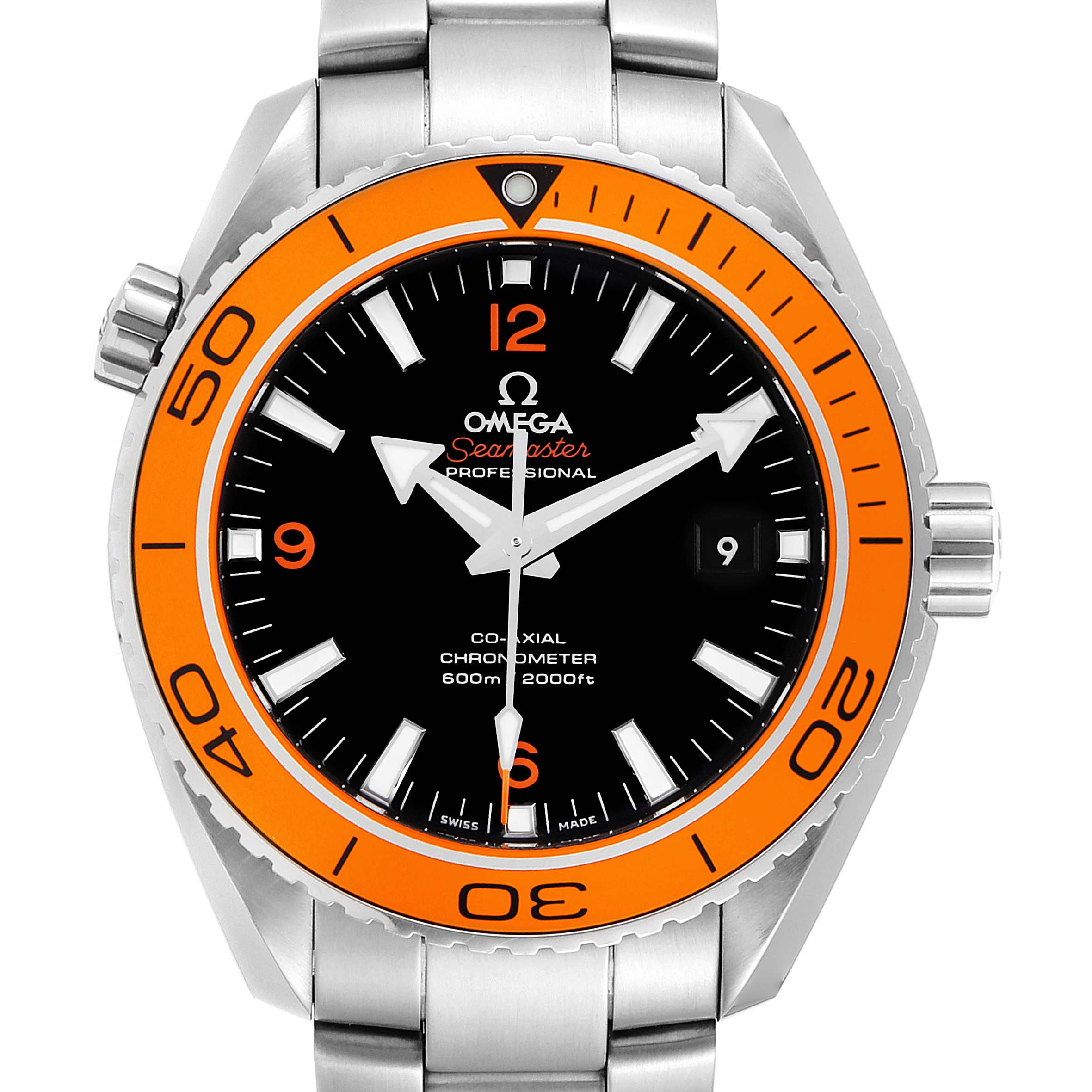 The image shows a front view of the Omega Planet Ocean 232.30.42.21.01.002 Men
s Stainless Steel Black Dial 232.30.42.21.01.002 Men
s Stainless Steel Black Dial watch, featuring an orange bezel and stainless steel bracelet.