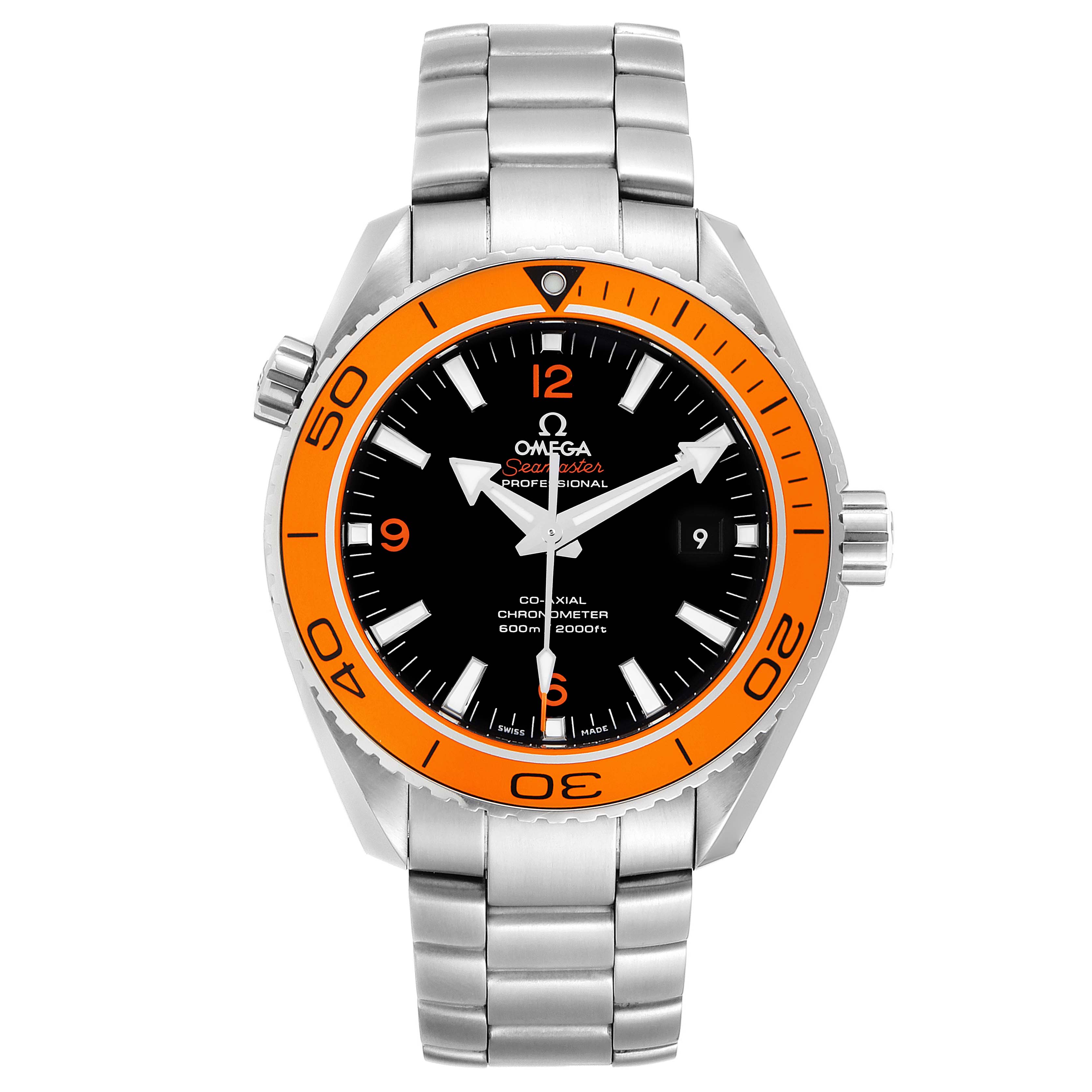 The Omega Planet Ocean 232.30.42.21.01.002 Men
s Stainless Steel Black Dial 232.30.42.21.01.002 Men
s Stainless Steel Black Dial watch is shown from a front angle, displaying the face, bezel, crown, and stainless steel bracelet.