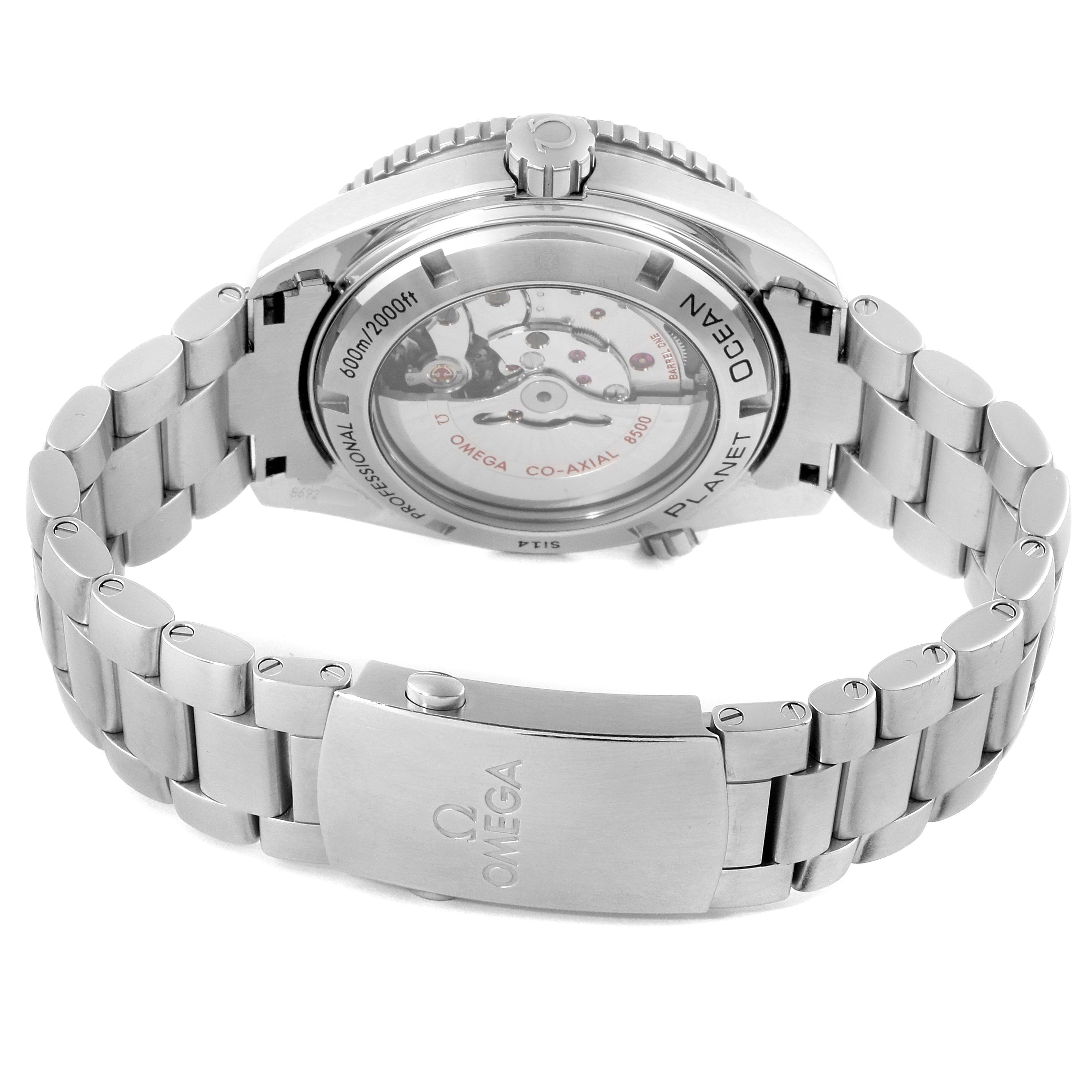 The image shows the back view of the Omega Planet Ocean 232.30.42.21.01.002 Men
s Stainless Steel Black Dial 232.30.42.21.01.002 Men
s Stainless Steel Black Dial watch, highlighting its open case back and bracelet clasp.