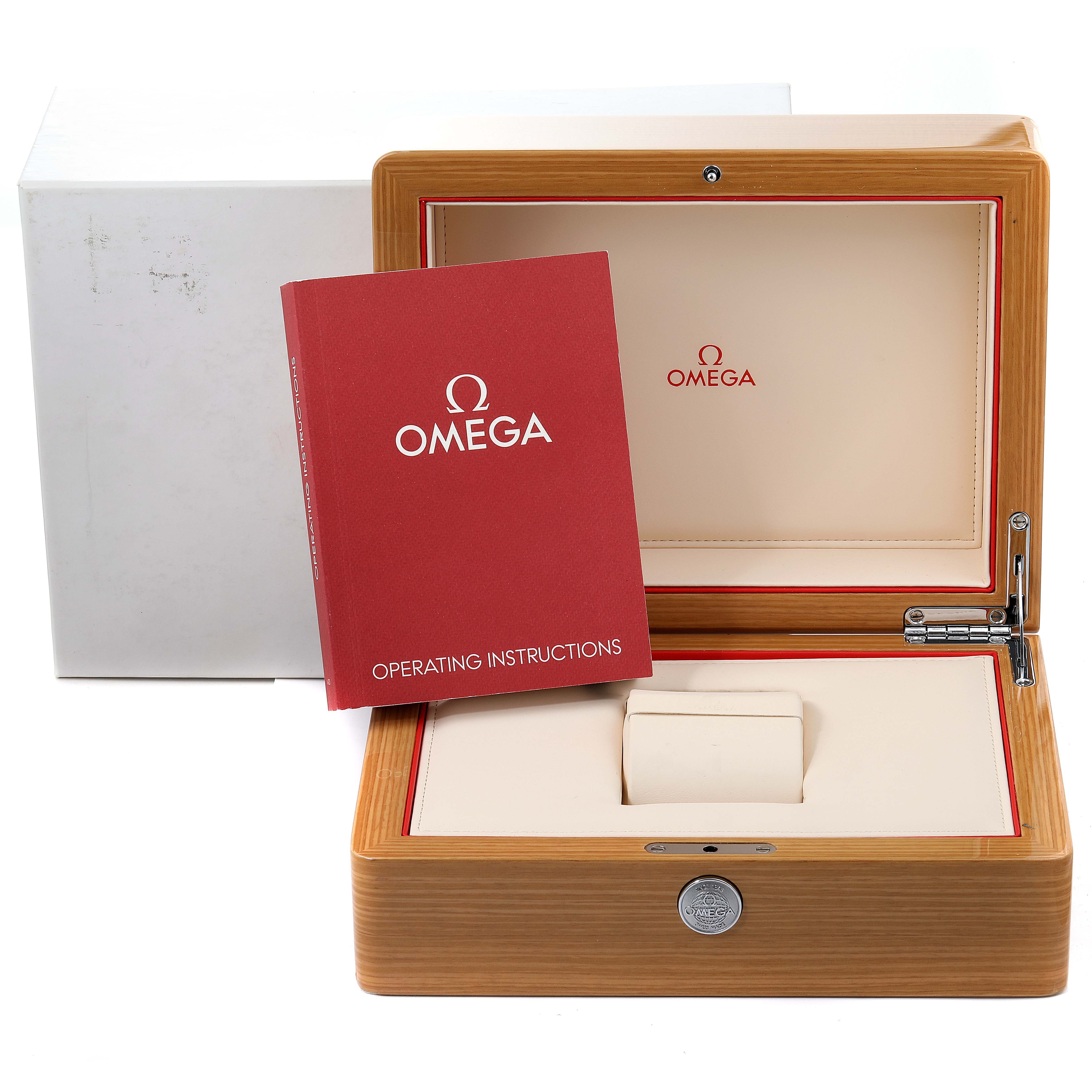 The image shows the box and operating instructions of the Omega Planet Ocean 232.30.42.21.01.002 Men
s Stainless Steel Black Dial 232.30.42.21.01.002 Men
s Stainless Steel Black Dial watch.