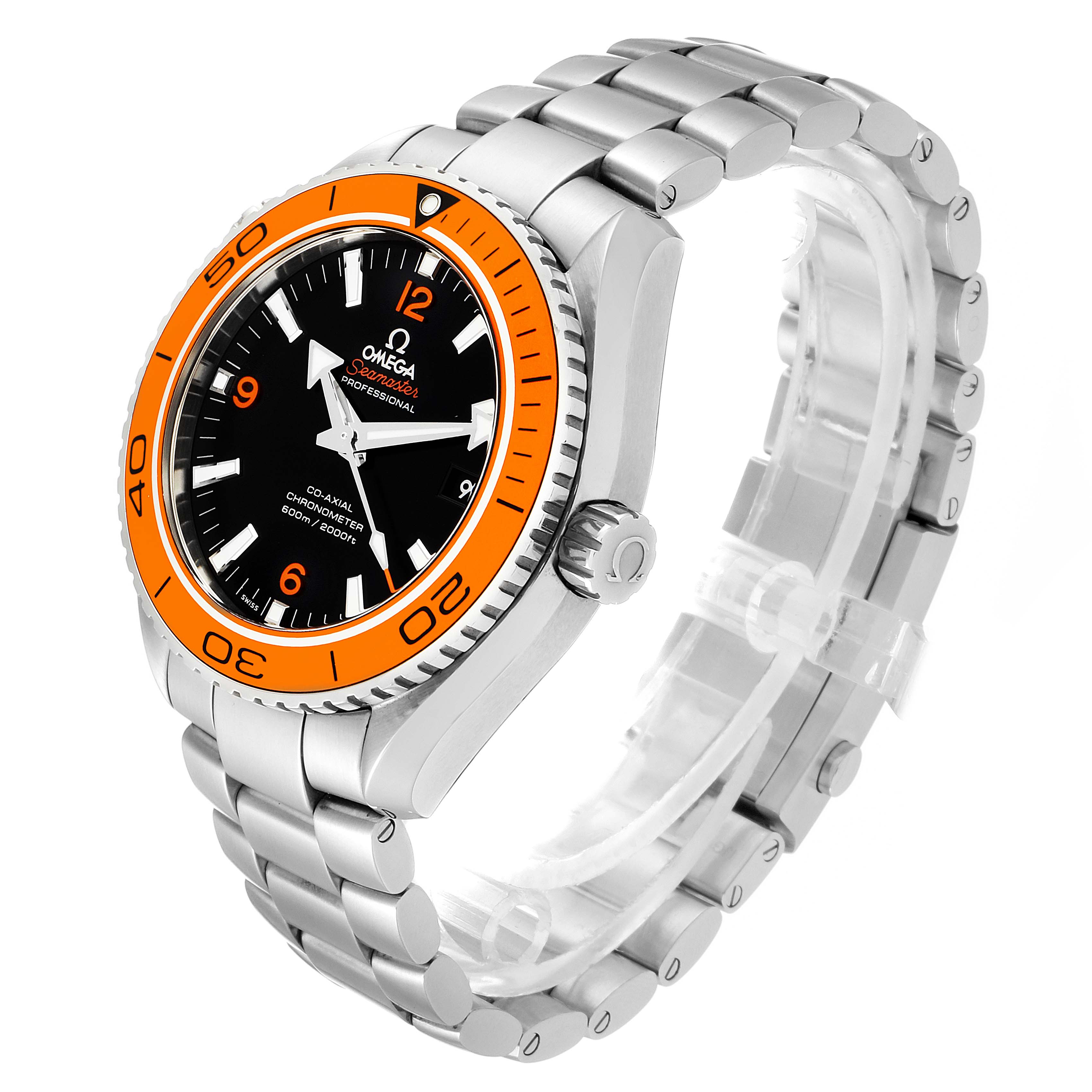 The image shows an angled view of an Omega Planet Ocean 232.30.42.21.01.002 Men
s Stainless Steel Black Dial 232.30.42.21.01.002 Men
s Stainless Steel Black Dial watch, highlighting the orange bezel and stainless steel bracelet.
