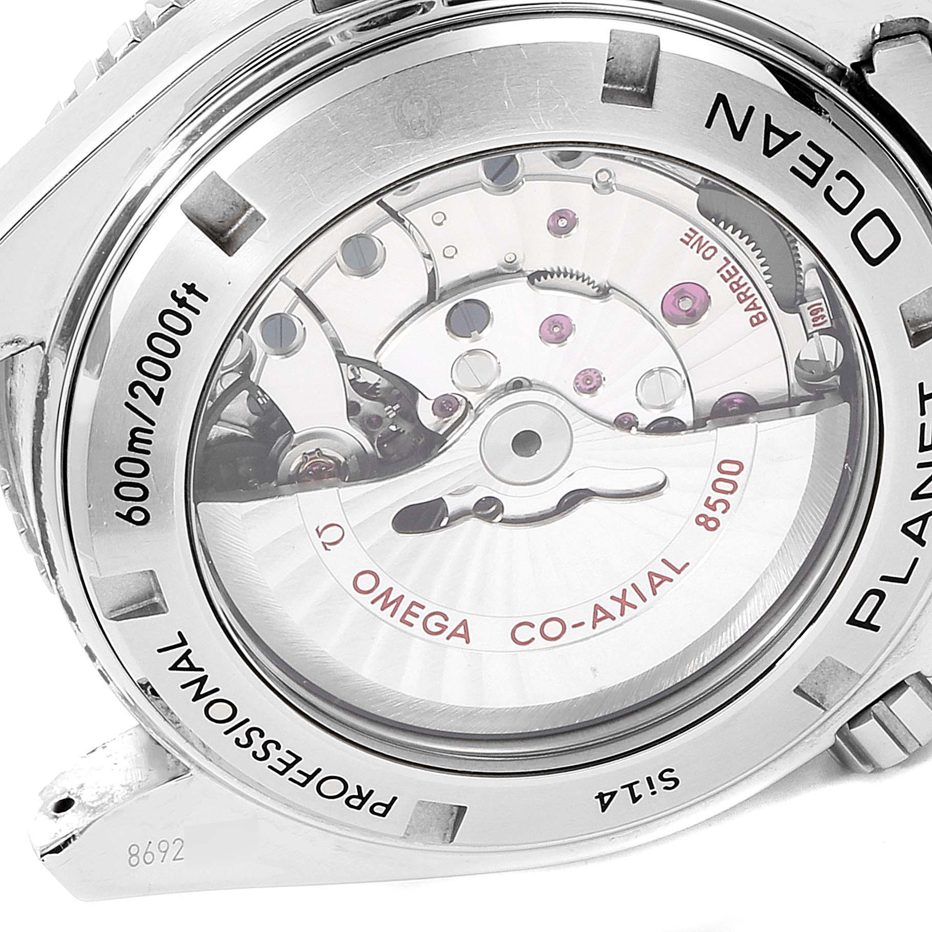 The image shows the case back and internal mechanism of the Omega Planet Ocean 232.30.42.21.01.002 Men
s Stainless Steel Black Dial 232.30.42.21.01.002 Men
s Stainless Steel Black Dial watch.