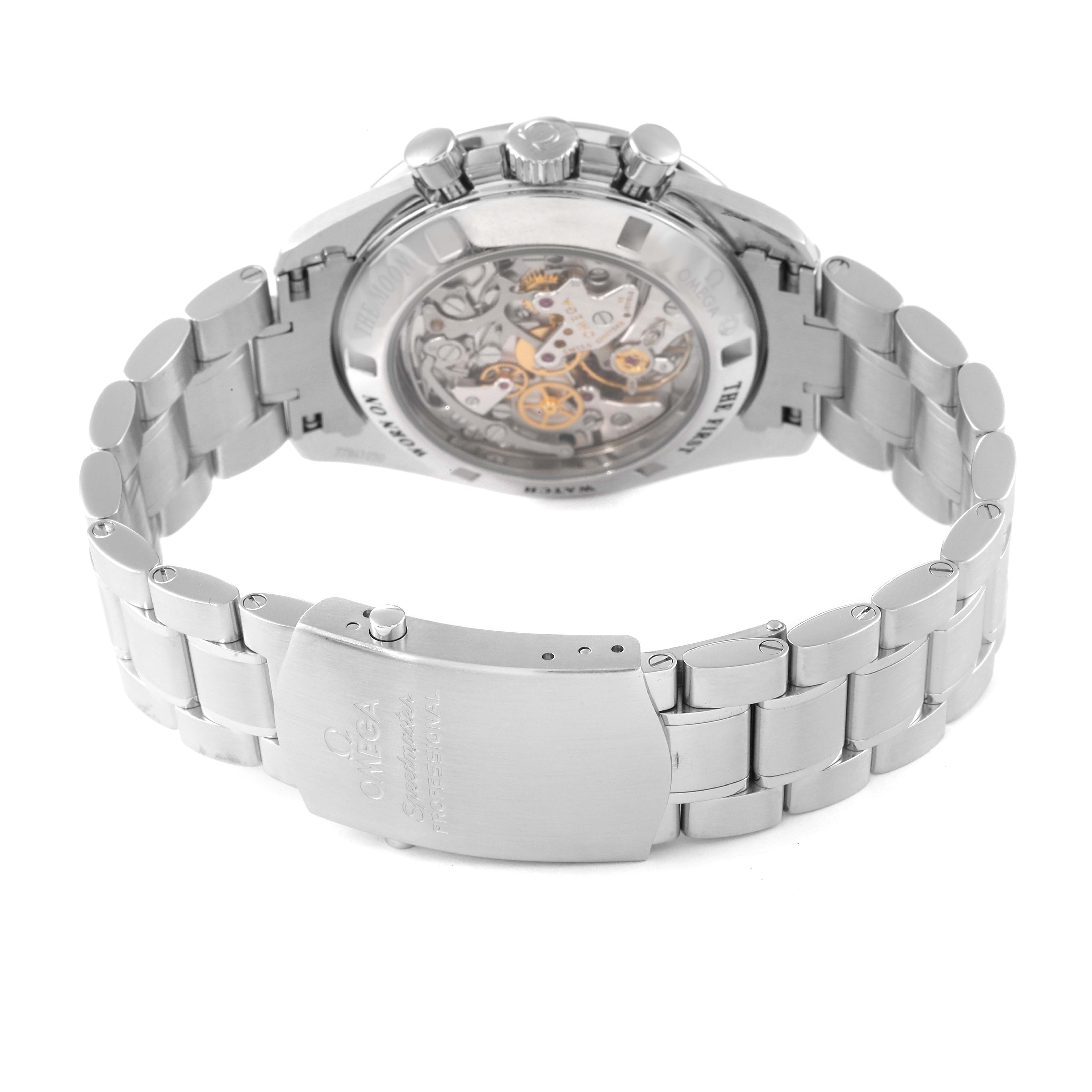 The image shows the back and bracelet clasp of an Omega Speedmaster 311.30.42.30.01.006 Men's Stainless Steel Black Dial 311.30.42.30.01.006 Men's Stainless Steel Black Dial watch.