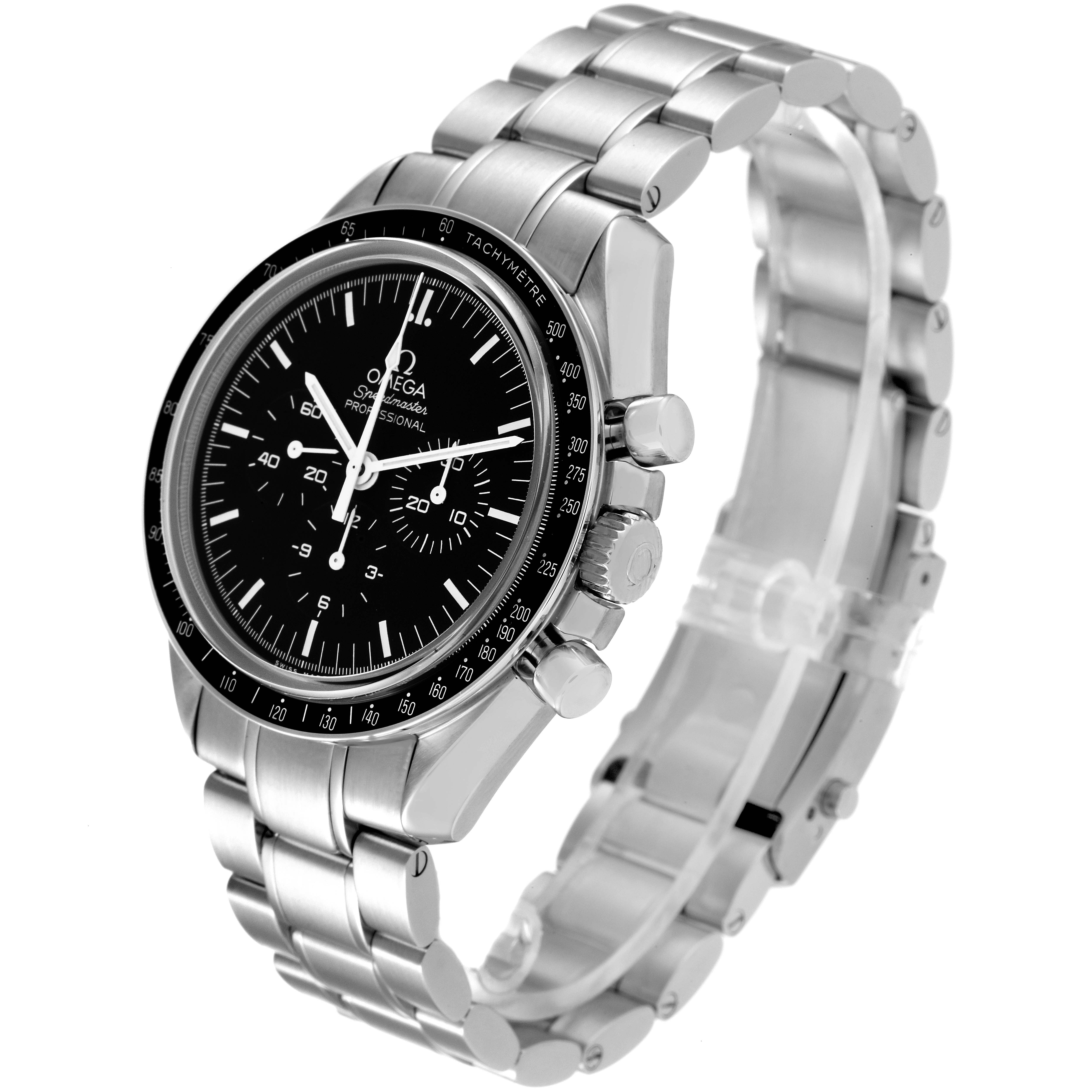 The image shows the Omega Speedmaster 311.30.42.30.01.006 Men's Stainless Steel Black Dial 311.30.42.30.01.006 Men's Stainless Steel Black Dial watch from a three-quarter front angle, highlighting its face, bezel, and metal bracelet.