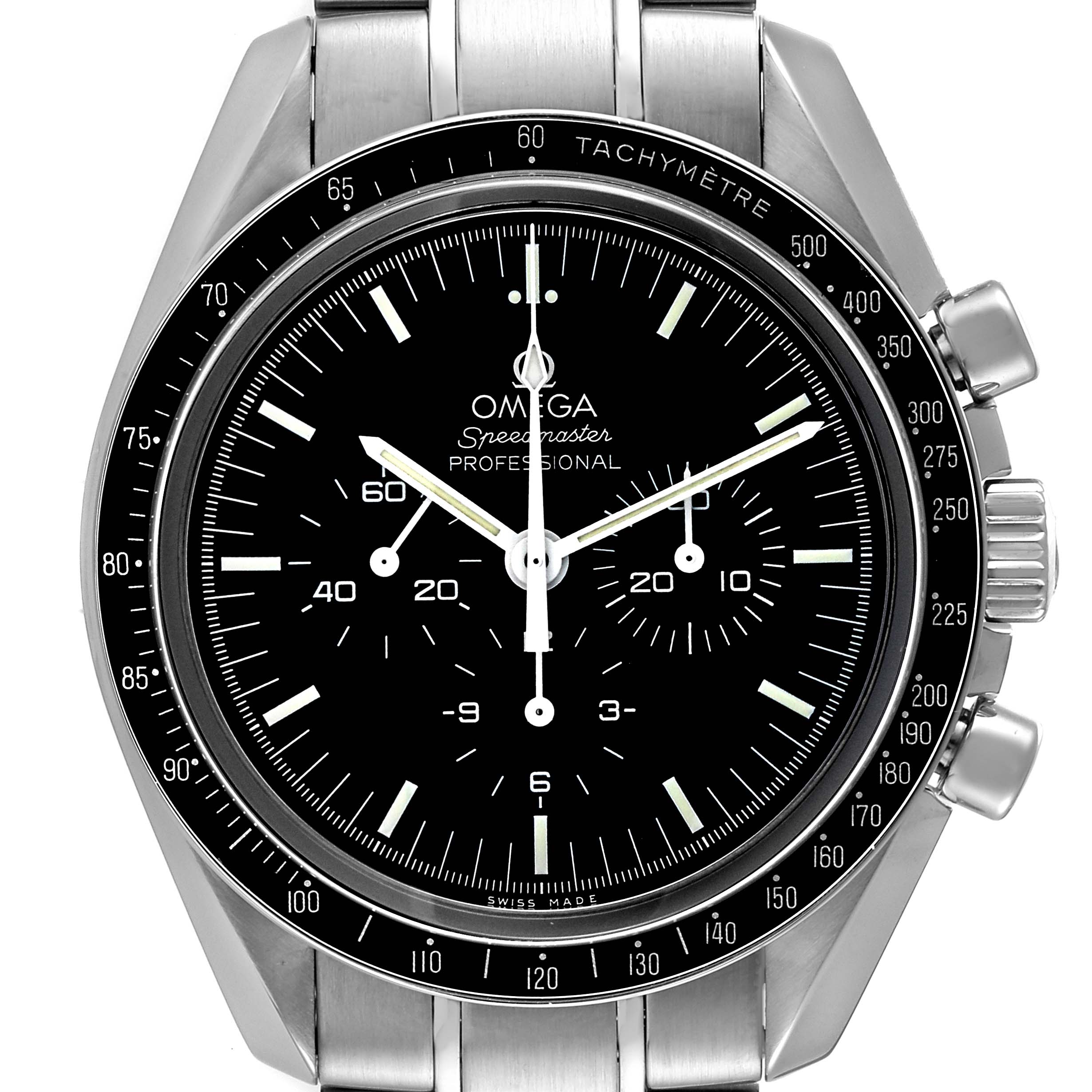 The image shows a front view of the Omega Speedmaster 311.30.42.30.01.006 Men's Stainless Steel Black Dial 311.30.42.30.01.006 Men's Stainless Steel Black Dial Professional watch, displaying the dial, bezel, and part of the bracelet.