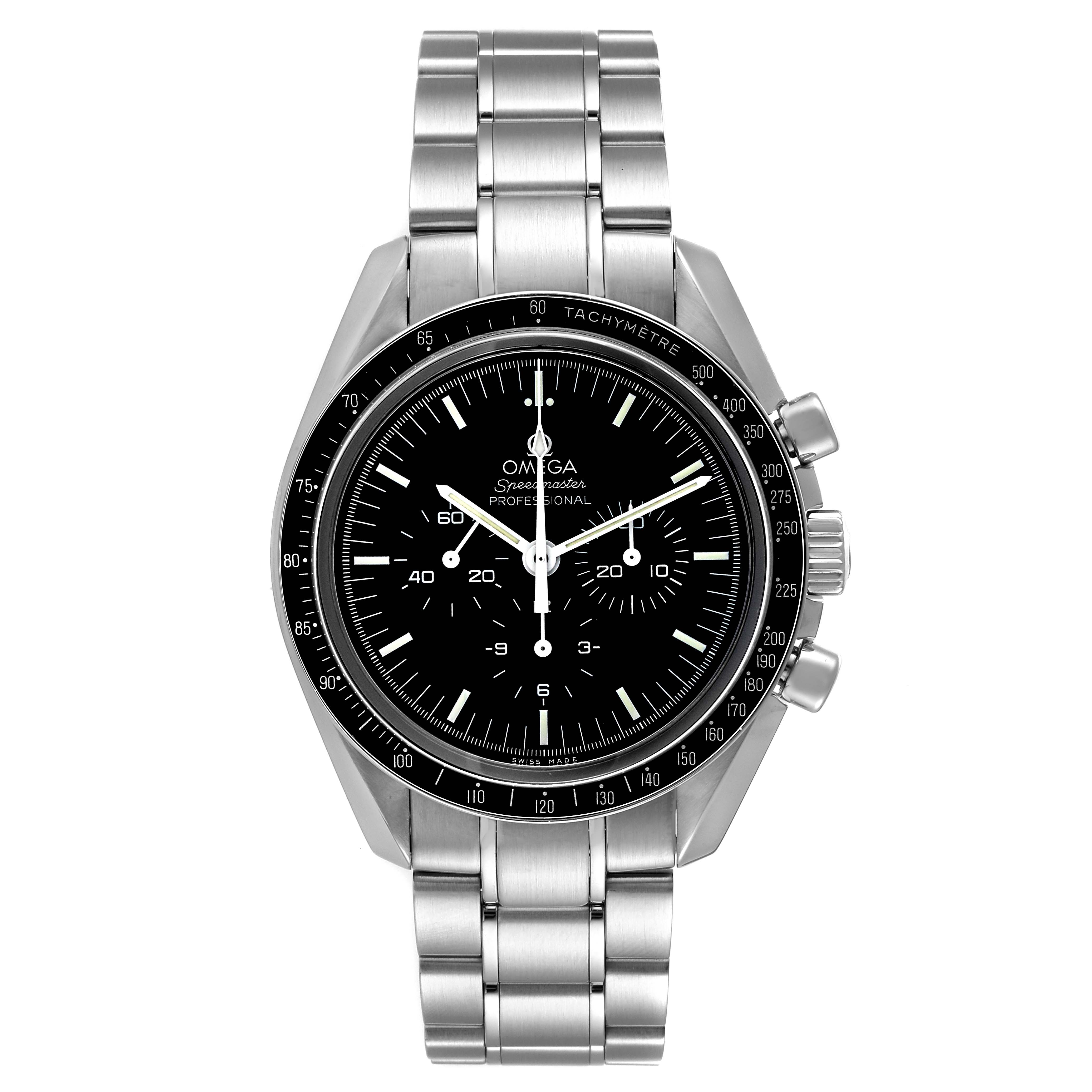 The image shows a frontal view of the Omega Speedmaster 311.30.42.30.01.006 Men's Stainless Steel Black Dial 311.30.42.30.01.006 Men's Stainless Steel Black Dial watch, highlighting its dial, bezel, and stainless steel bracelet.