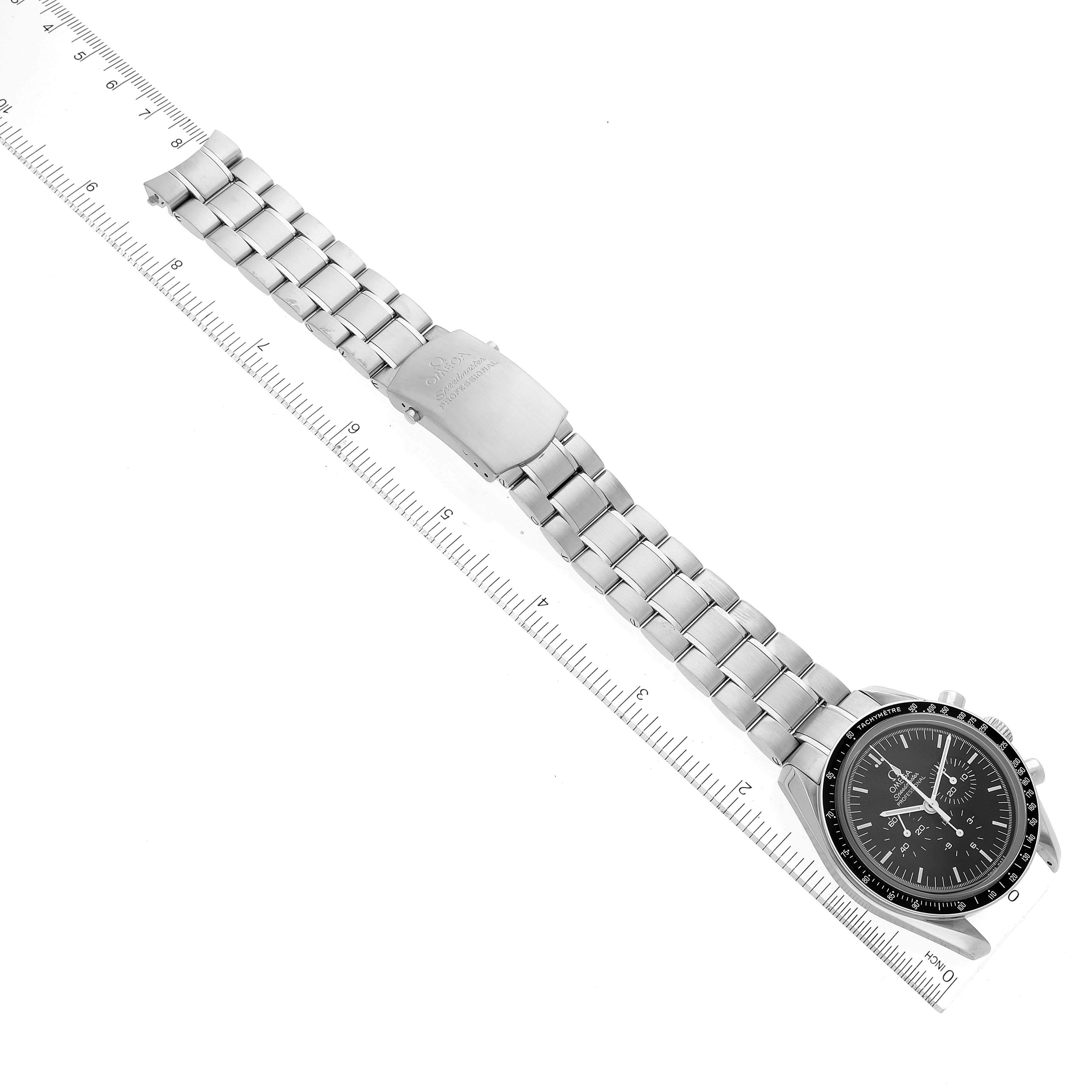 The image displays an Omega Speedmaster 311.30.42.30.01.006 Men's Stainless Steel Black Dial 311.30.42.30.01.006 Men's Stainless Steel Black Dial watch laid flat, highlighting its stainless steel bracelet, clasp, and black dial face.