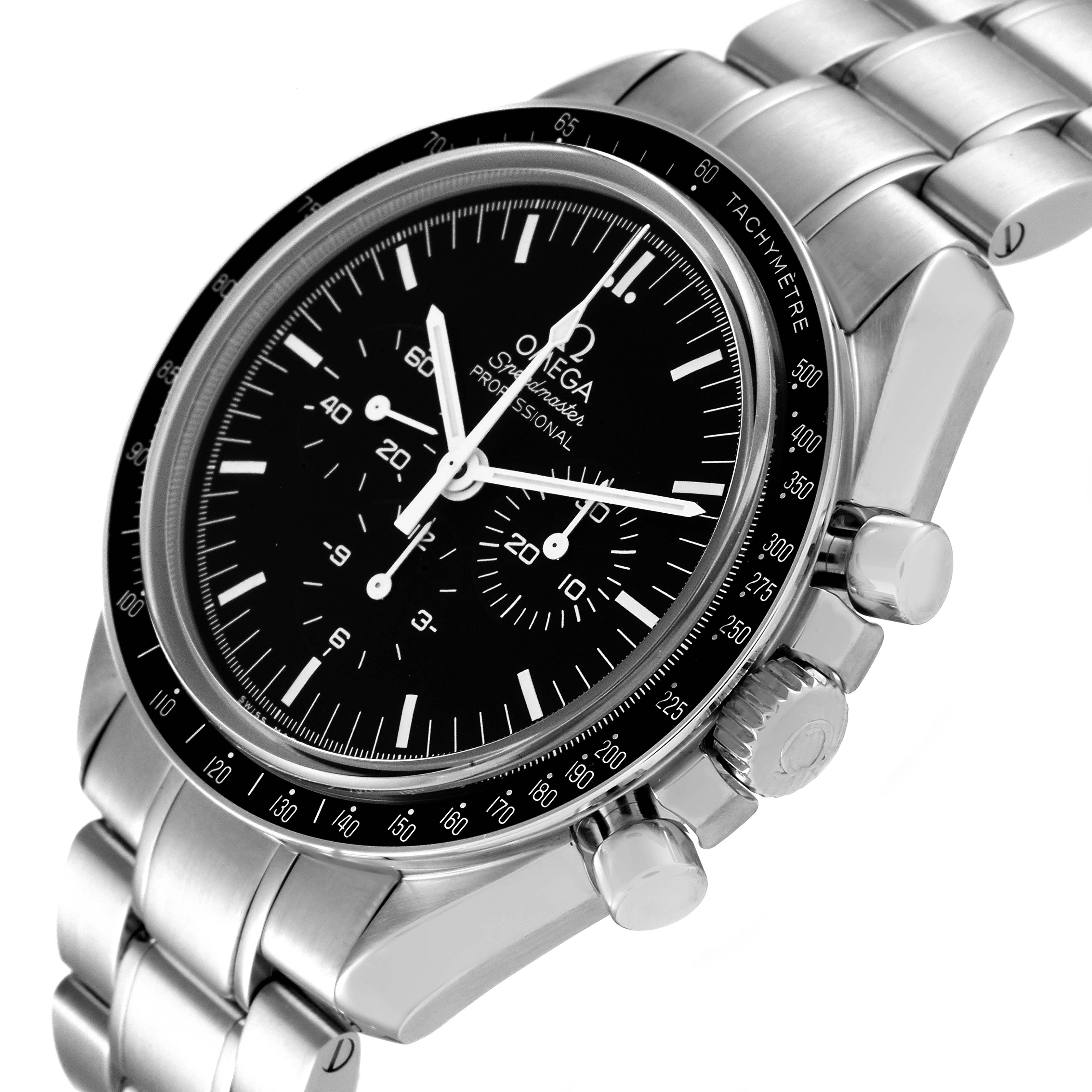 This image shows an Omega Speedmaster 311.30.42.30.01.006 Men's Stainless Steel Black Dial 311.30.42.30.01.006 Men's Stainless Steel Black Dial watch, highlighting its face, bezel, crown, pushers, and stainless steel bracelet from a 3/4th angle.