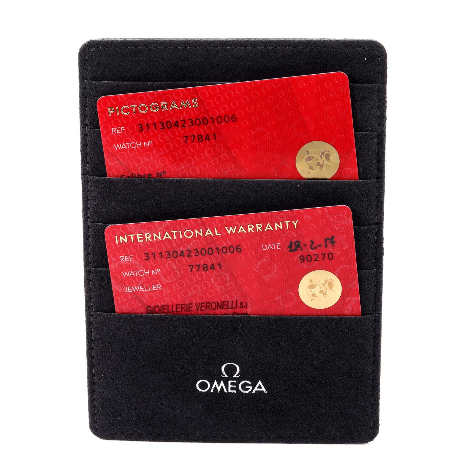 This image shows the Pictograms card and International Warranty card in a sleeve for an Omega Speedmaster 311.30.42.30.01.006 Men's Stainless Steel Black Dial 311.30.42.30.01.006 Men's Stainless Steel Black Dial watch.