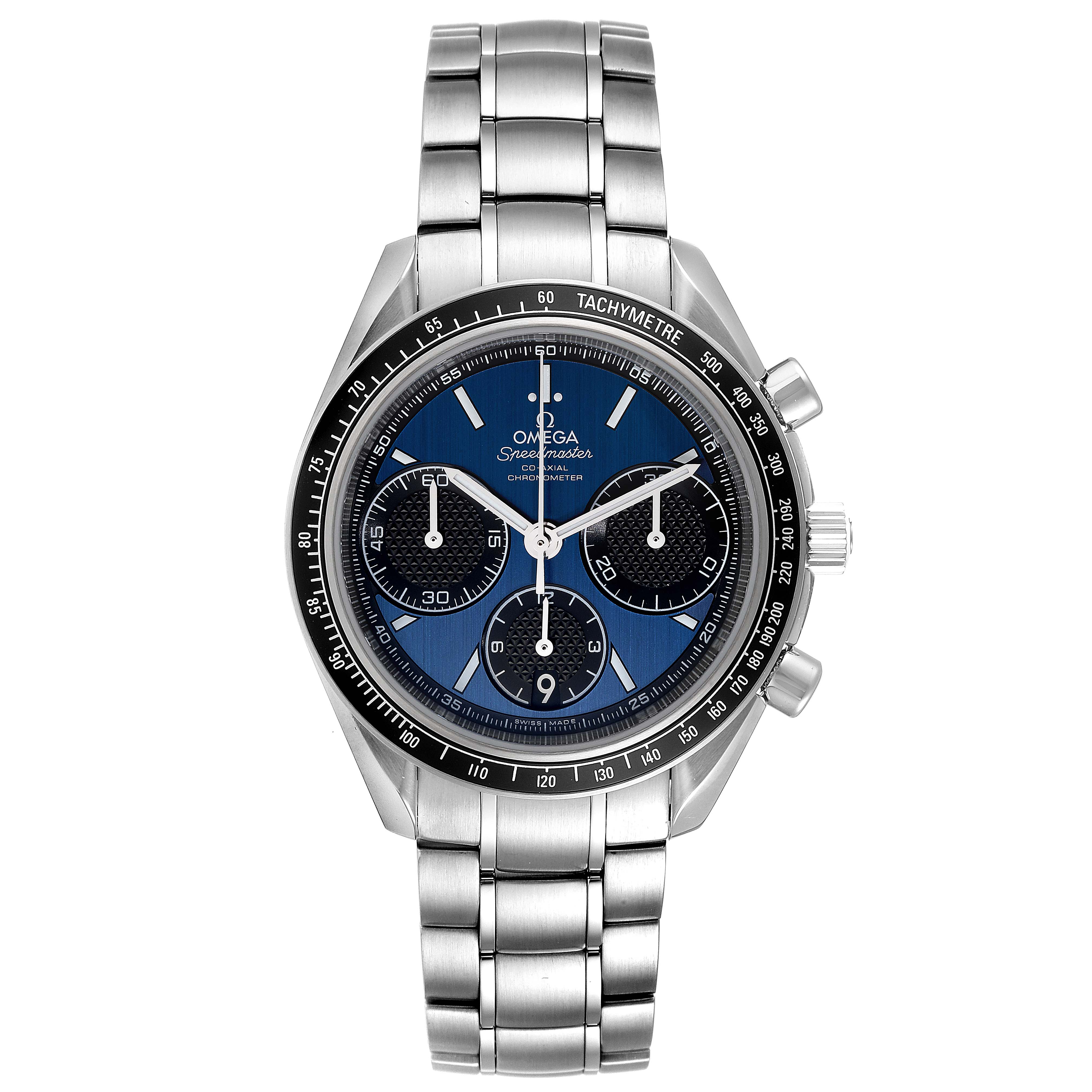 The image shows a front view of an Omega Speedmaster 326.30.40.50.03.001 Men
s Stainless Steel Blue Dial 326.30.40.50.03.001 Men
s Stainless Steel Blue Dial watch featuring a blue dial, chronograph sub-dials, and a stainless steel band.