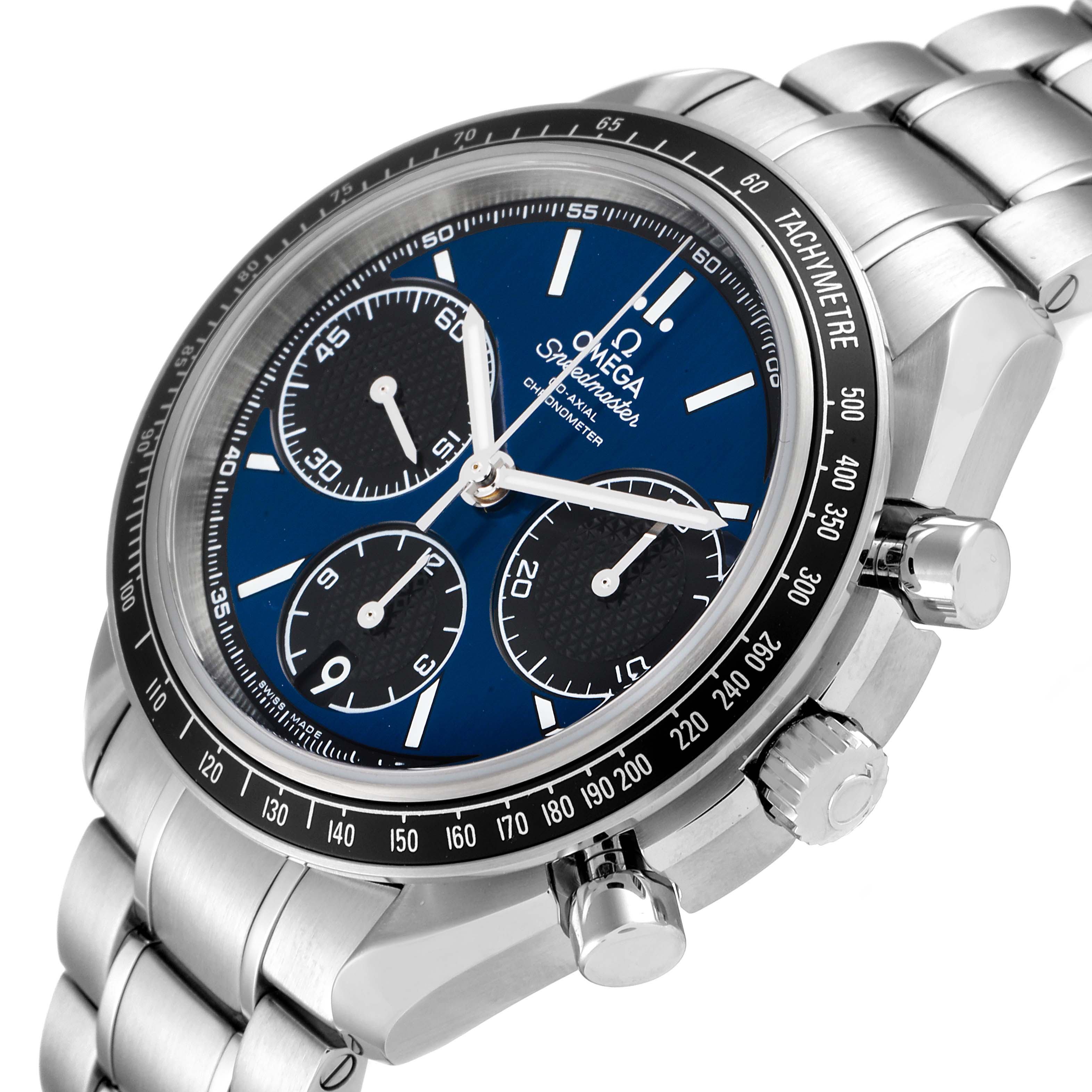 The Omega Speedmaster 326.30.40.50.03.001 Men
s Stainless Steel Blue Dial 326.30.40.50.03.001 Men
s Stainless Steel Blue Dial watch is shown at an angled close-up focusing on the dial, pushers, and bracelet.