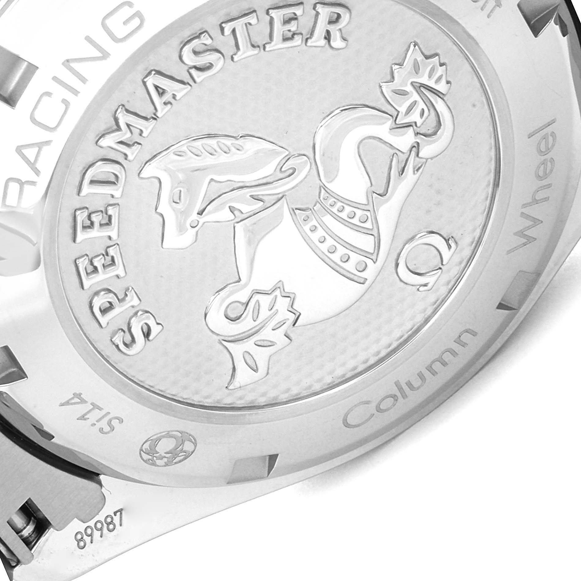 This is the case back of an Omega Speedmaster 326.30.40.50.03.001 Men
s Stainless Steel Blue Dial 326.30.40.50.03.001 Men
s Stainless Steel Blue Dial watch featuring engraved text and logo.