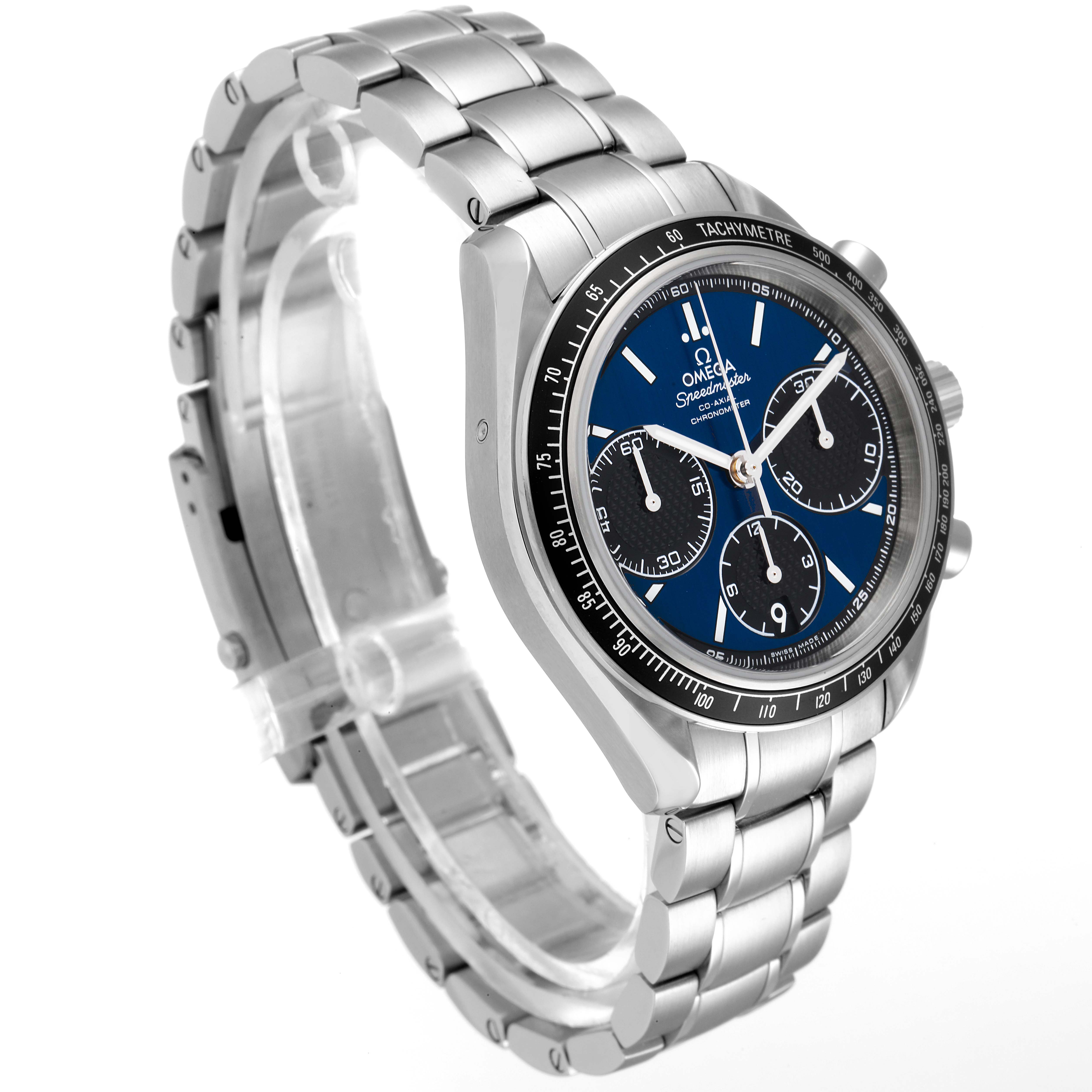 The image shows an angled view of an Omega Speedmaster 326.30.40.50.03.001 Men
s Stainless Steel Blue Dial 326.30.40.50.03.001 Men
s Stainless Steel Blue Dial watch, displaying its face, chronograph dials, bezel, and metal bracelet.