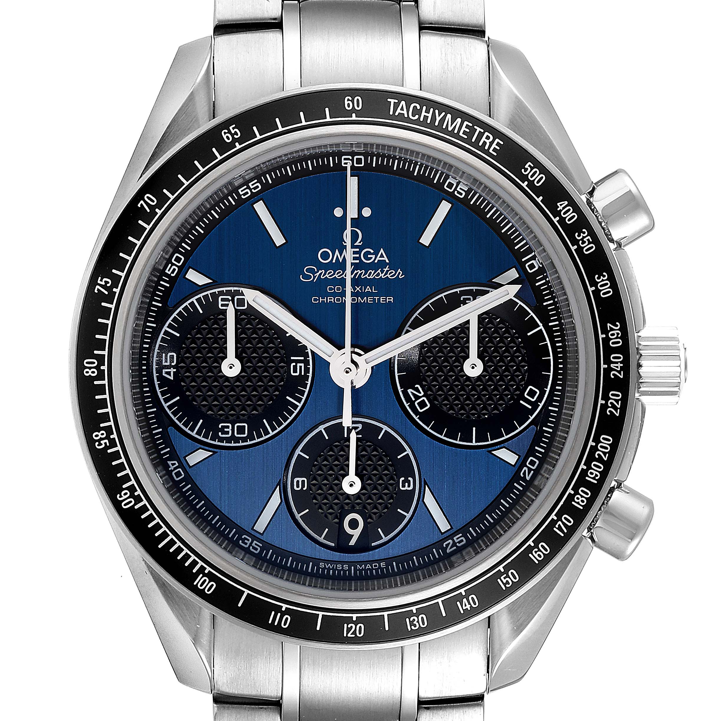 The image shows a frontal view of the Omega Speedmaster 326.30.40.50.03.001 Men
s Stainless Steel Blue Dial 326.30.40.50.03.001 Men
s Stainless Steel Blue Dial watch, highlighting its face, chronographs, bezel, and bracelet.