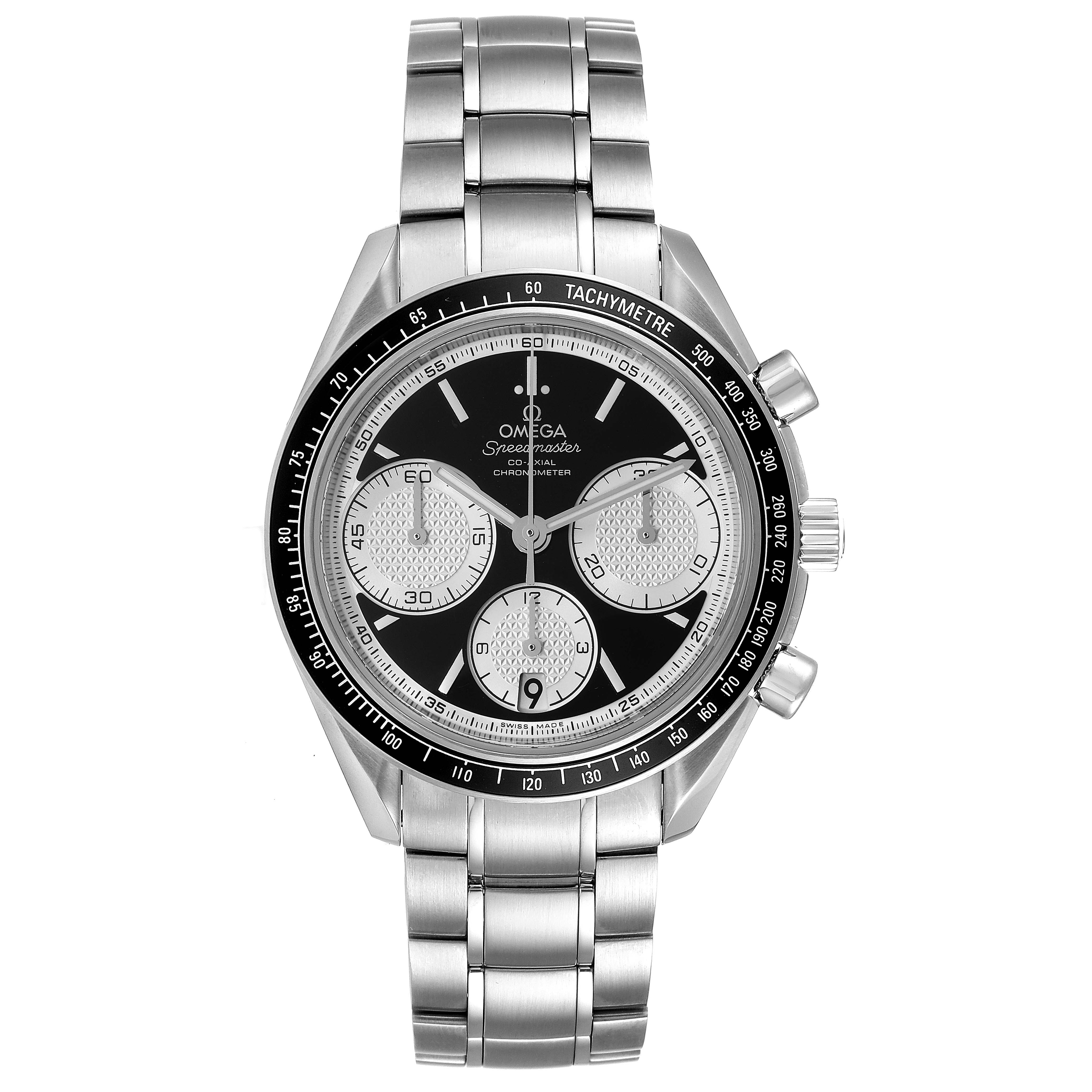 The image shows a front view of an Omega Speedmaster 326.30.40.50.01.002 Men's Stainless Steel Black Dial 326.30.40.50.01.002 Men's Stainless Steel Black Dial watch, highlighting its stainless steel bracelet, tachymeter bezel, and chronograph subdials.