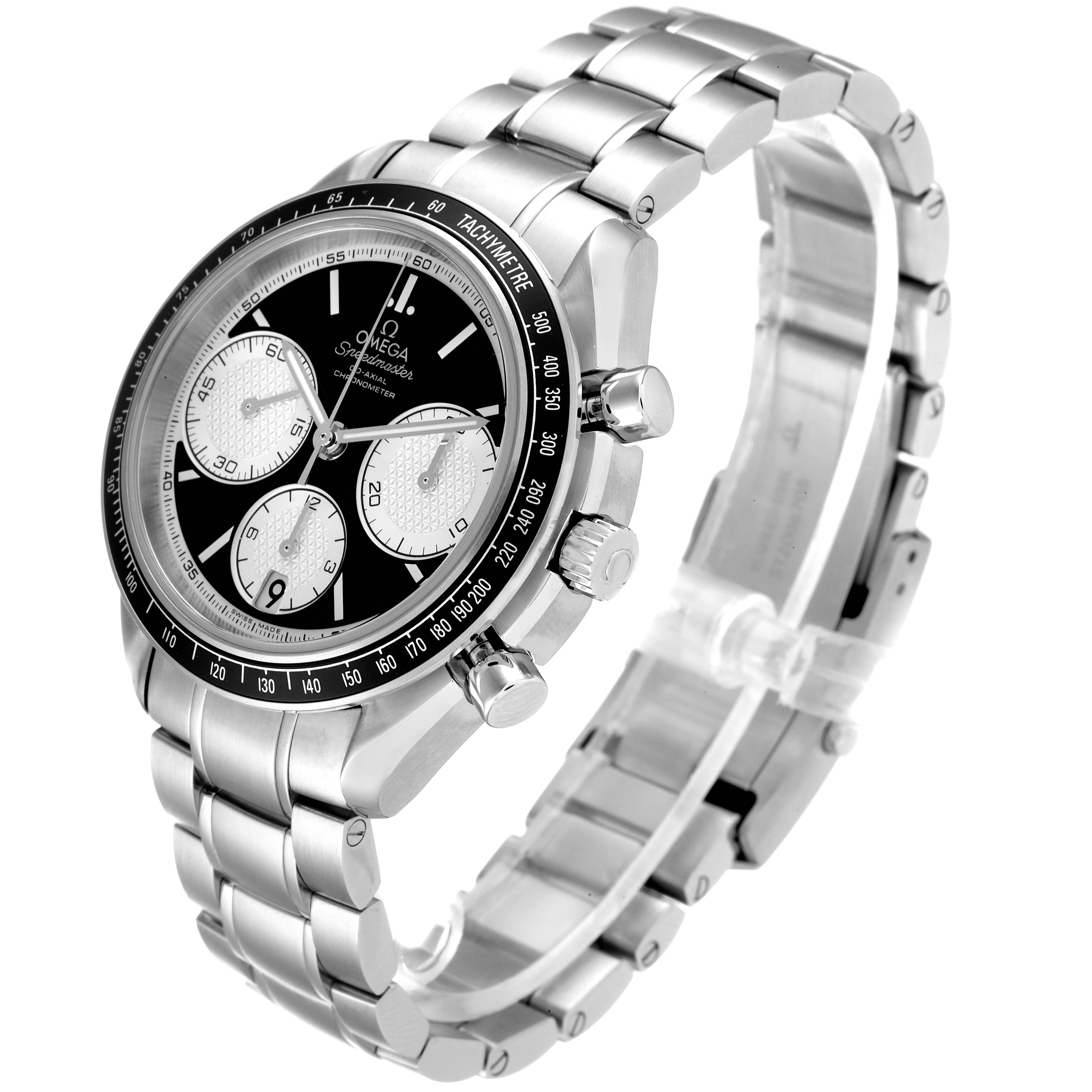 The image shows an Omega Speedmaster 326.30.40.50.01.002 Men's Stainless Steel Black Dial 326.30.40.50.01.002 Men's Stainless Steel Black Dial watch at a three-quarter angle, displaying its face, tachymeter bezel, and stainless steel bracelet.