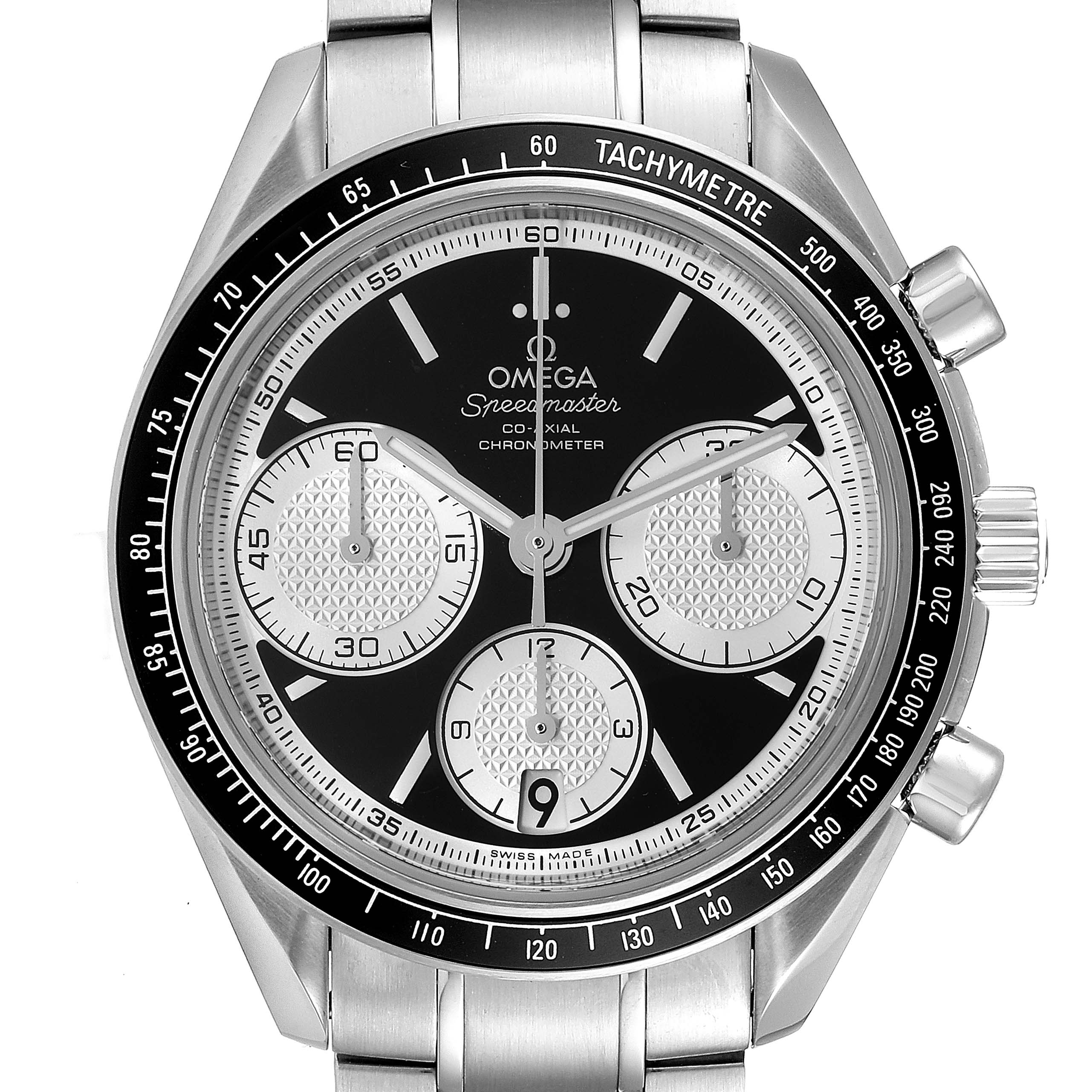 This image shows a frontal view of an Omega Speedmaster 326.30.40.50.01.002 Men's Stainless Steel Black Dial 326.30.40.50.01.002 Men's Stainless Steel Black Dial, highlighting its dial, tachymeter bezel, subdials, and stainless steel bracelet.