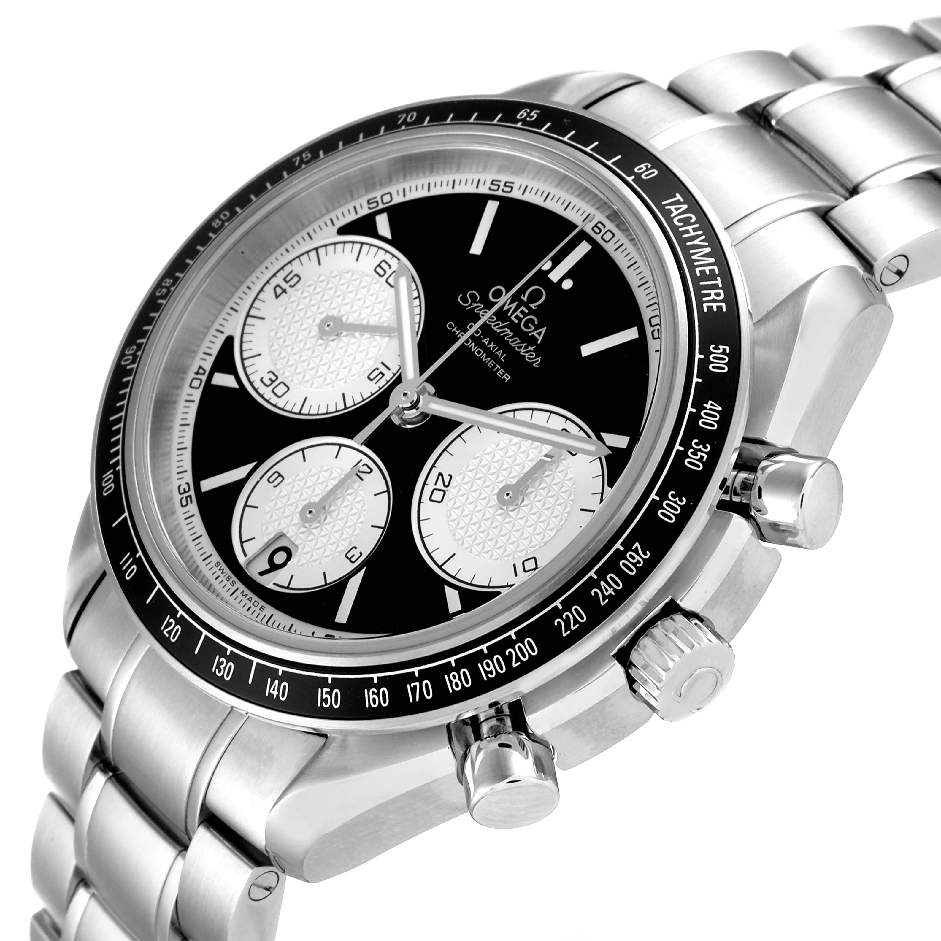 The image shows an Omega Speedmaster 326.30.40.50.01.002 Men's Stainless Steel Black Dial 326.30.40.50.01.002 Men's Stainless Steel Black Dial watch at a three-quarter angle, highlighting the dial, tachymeter bezel, and bracelet.