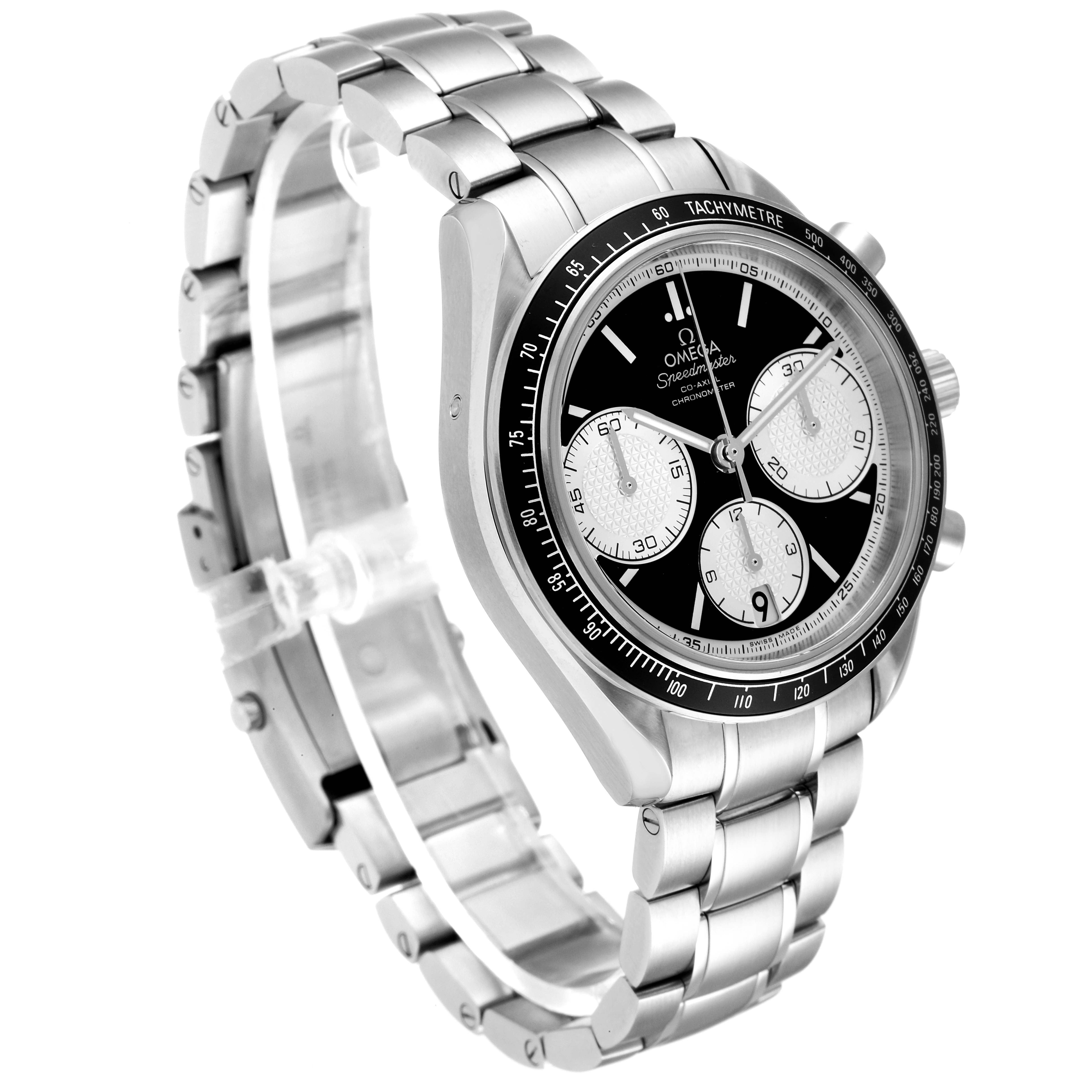 The Omega Speedmaster 326.30.40.50.01.002 Men's Stainless Steel Black Dial 326.30.40.50.01.002 Men's Stainless Steel Black Dial watch is shown at a side angle, highlighting its face, bezel, and metal strap.