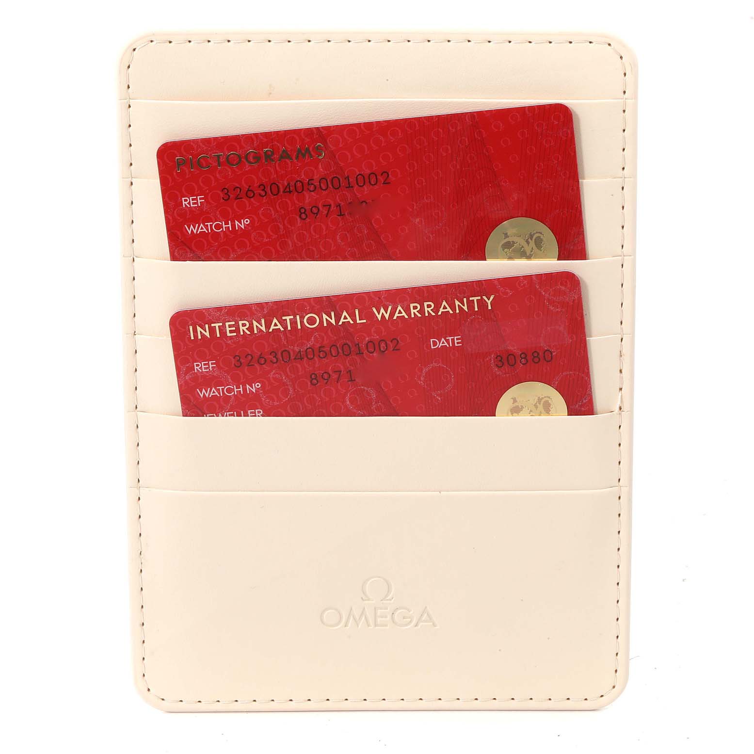 The image shows Omega Speedmaster 326.30.40.50.01.002 Men's Stainless Steel Black Dial 326.30.40.50.01.002 Men's Stainless Steel Black Dial warranty and pictogram cards in a cream-colored Omega-branded cardholder.