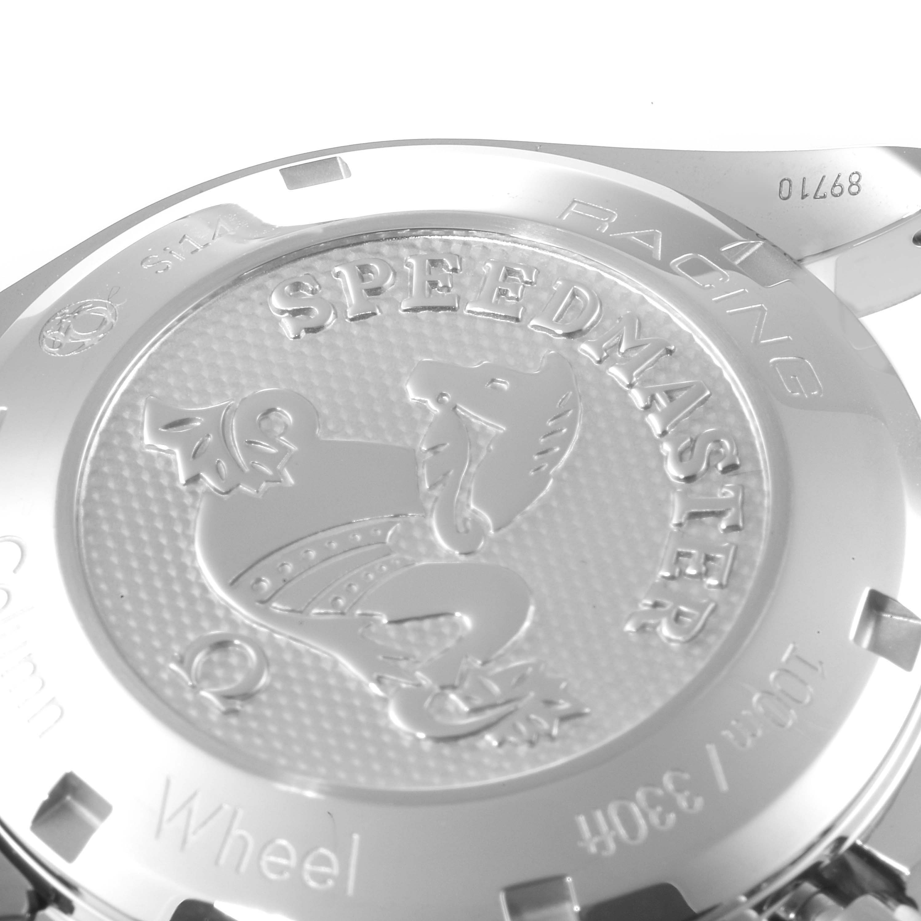 The image shows the stainless steel case back of an Omega Speedmaster 326.30.40.50.01.002 Men's Stainless Steel Black Dial 326.30.40.50.01.002 Men's Stainless Steel Black Dial watch, featuring an engraved logo and text.