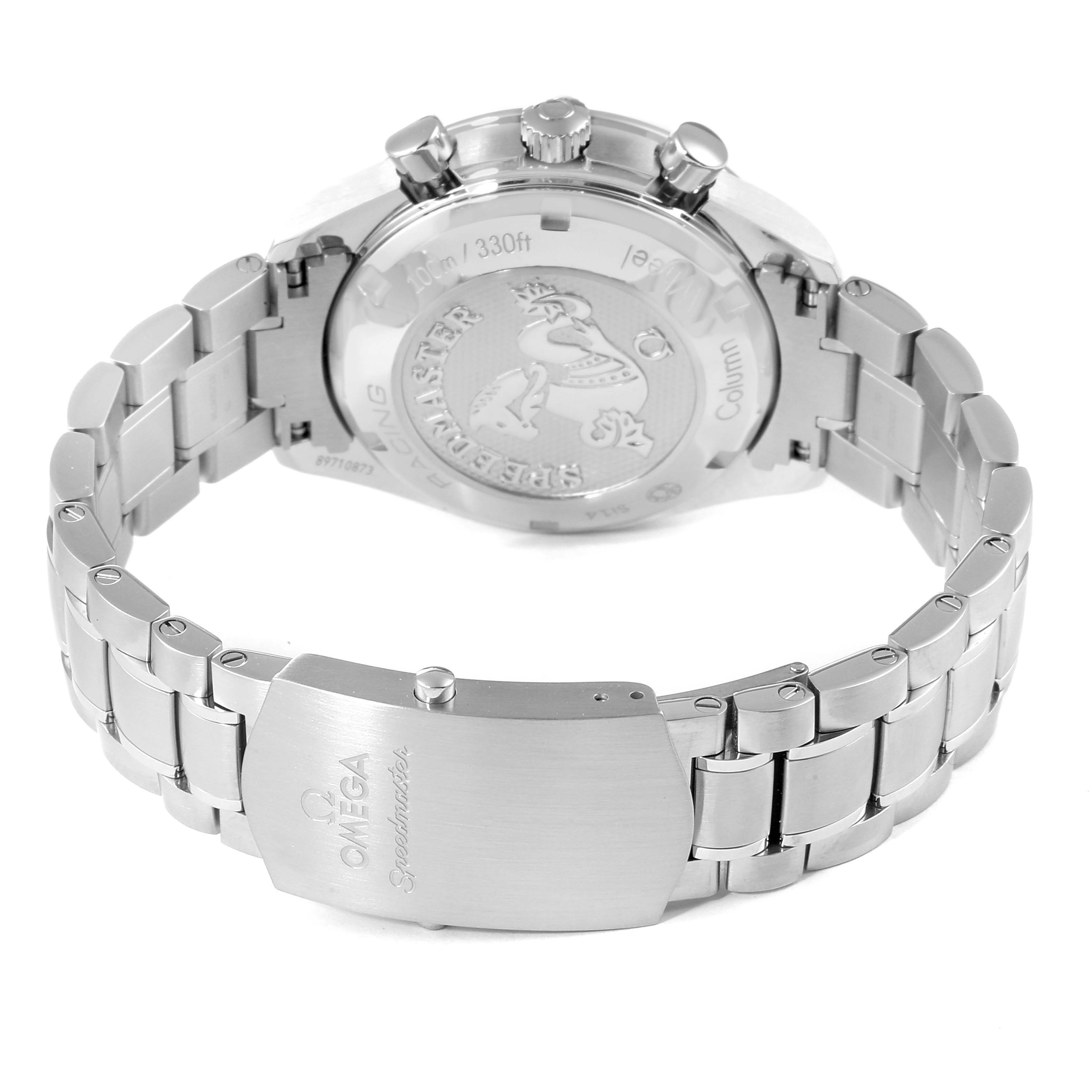 The image shows the back case and clasp of an Omega Speedmaster 326.30.40.50.01.002 Men's Stainless Steel Black Dial 326.30.40.50.01.002 Men's Stainless Steel Black Dial watch from a rear angle.