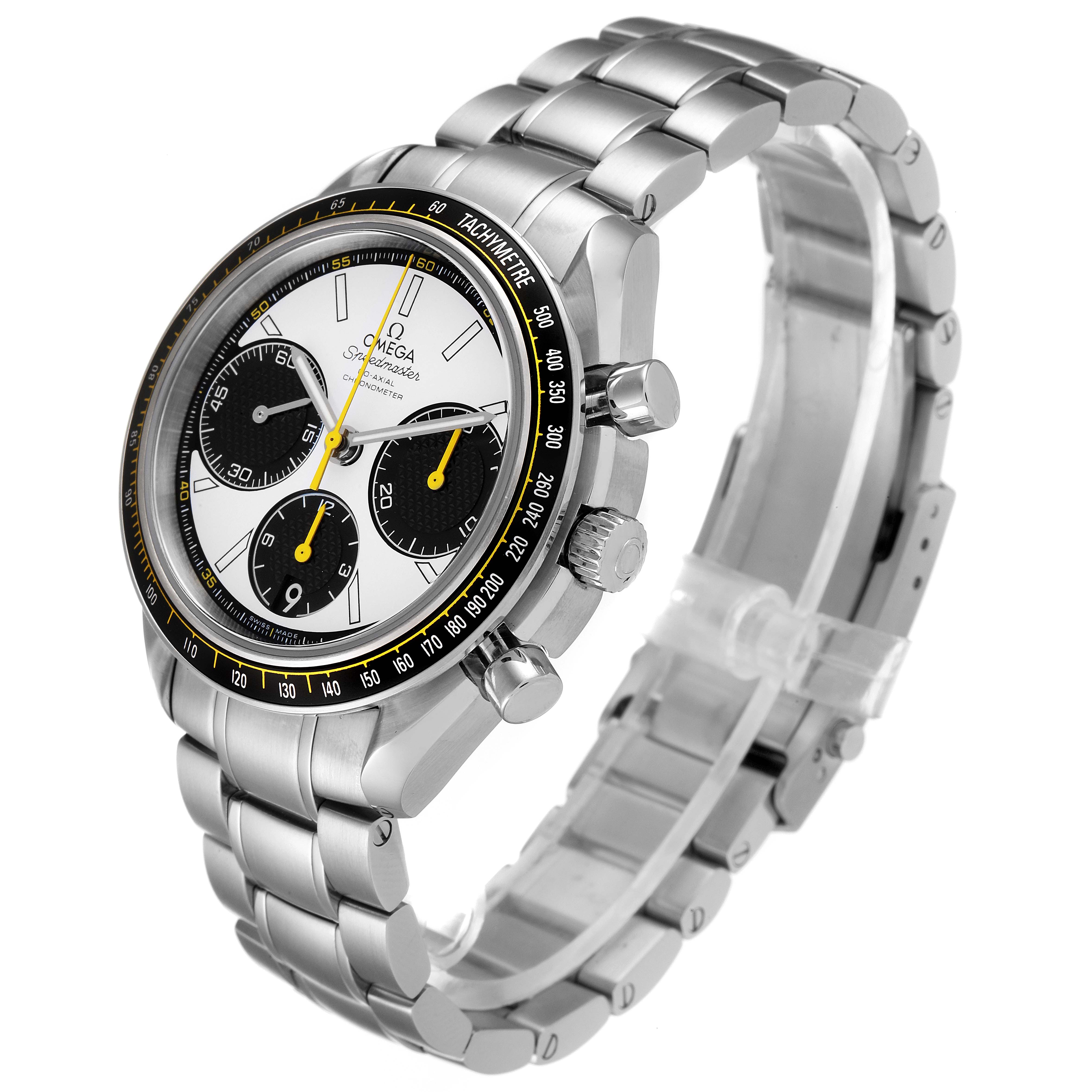 The image shows an Omega Speedmaster 326.30.40.50.04.001 Men's Stainless Steel White Dial 326.30.40.50.04.001 Men's Stainless Steel White Dial watch at an oblique angle, highlighting the dial, bezel, pushers, and stainless steel bracelet.