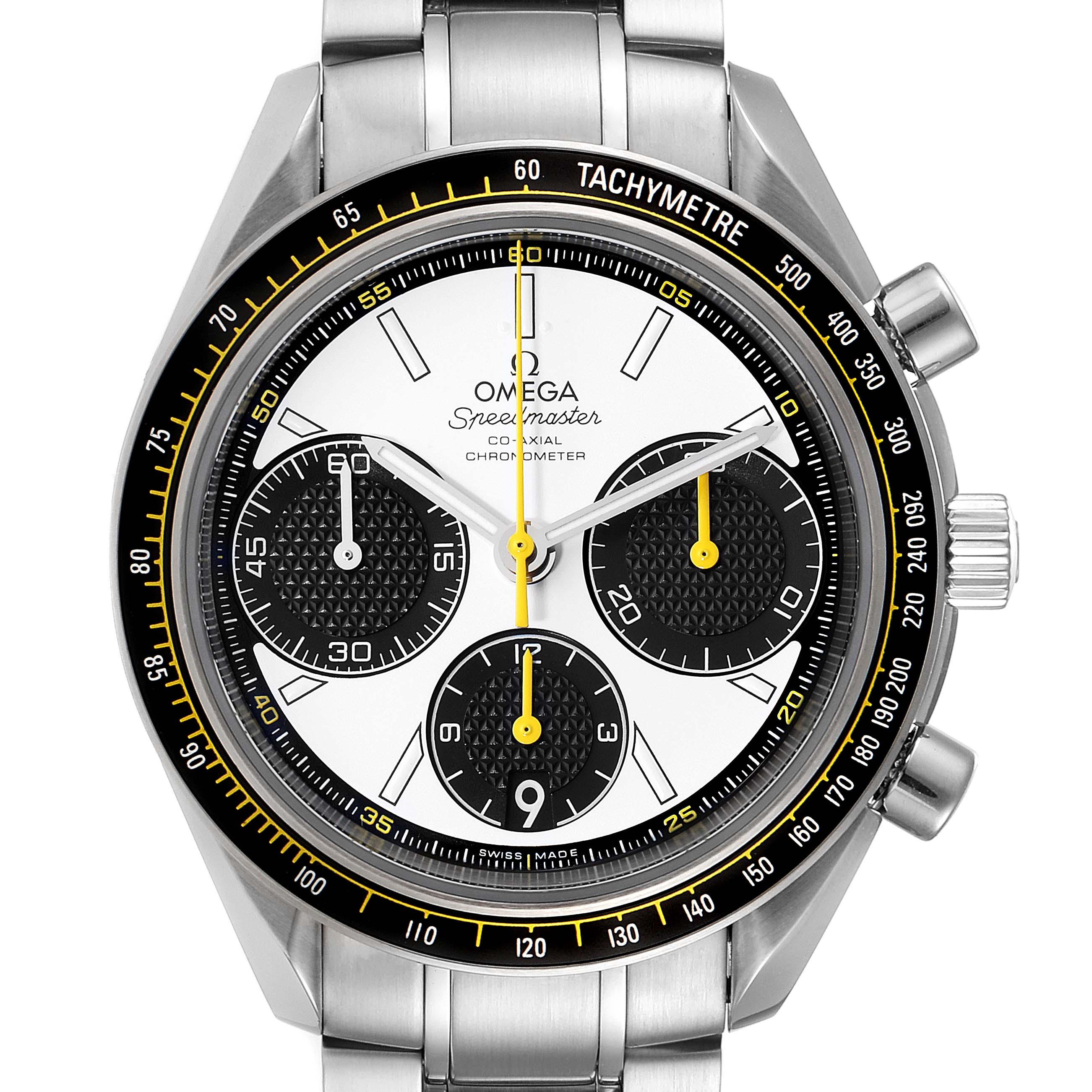 The image shows a front view of an Omega Speedmaster 326.30.40.50.04.001 Men's Stainless Steel White Dial 326.30.40.50.04.001 Men's Stainless Steel White Dial watch, highlighting the dial, bezel, crown, and pushers.