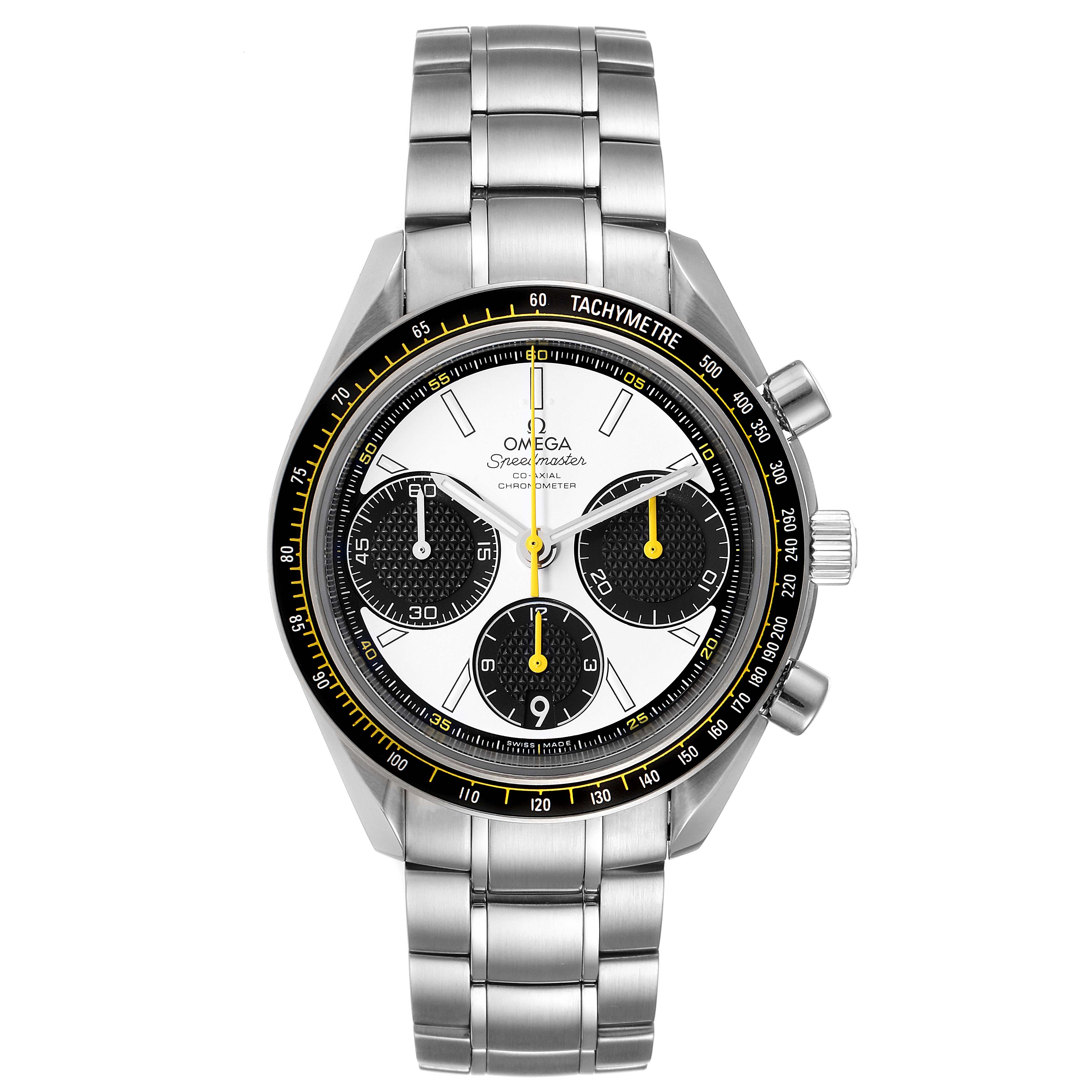 The image shows a front view of the Omega Speedmaster 326.30.40.50.04.001 Men's Stainless Steel White Dial 326.30.40.50.04.001 Men's Stainless Steel White Dial watch, displaying its dial, bezel, and stainless steel bracelet.